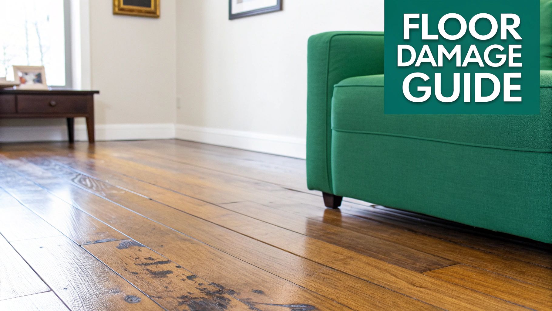 A close-up view of a rustic hardwood floor with dark stains, beside a green sofa.