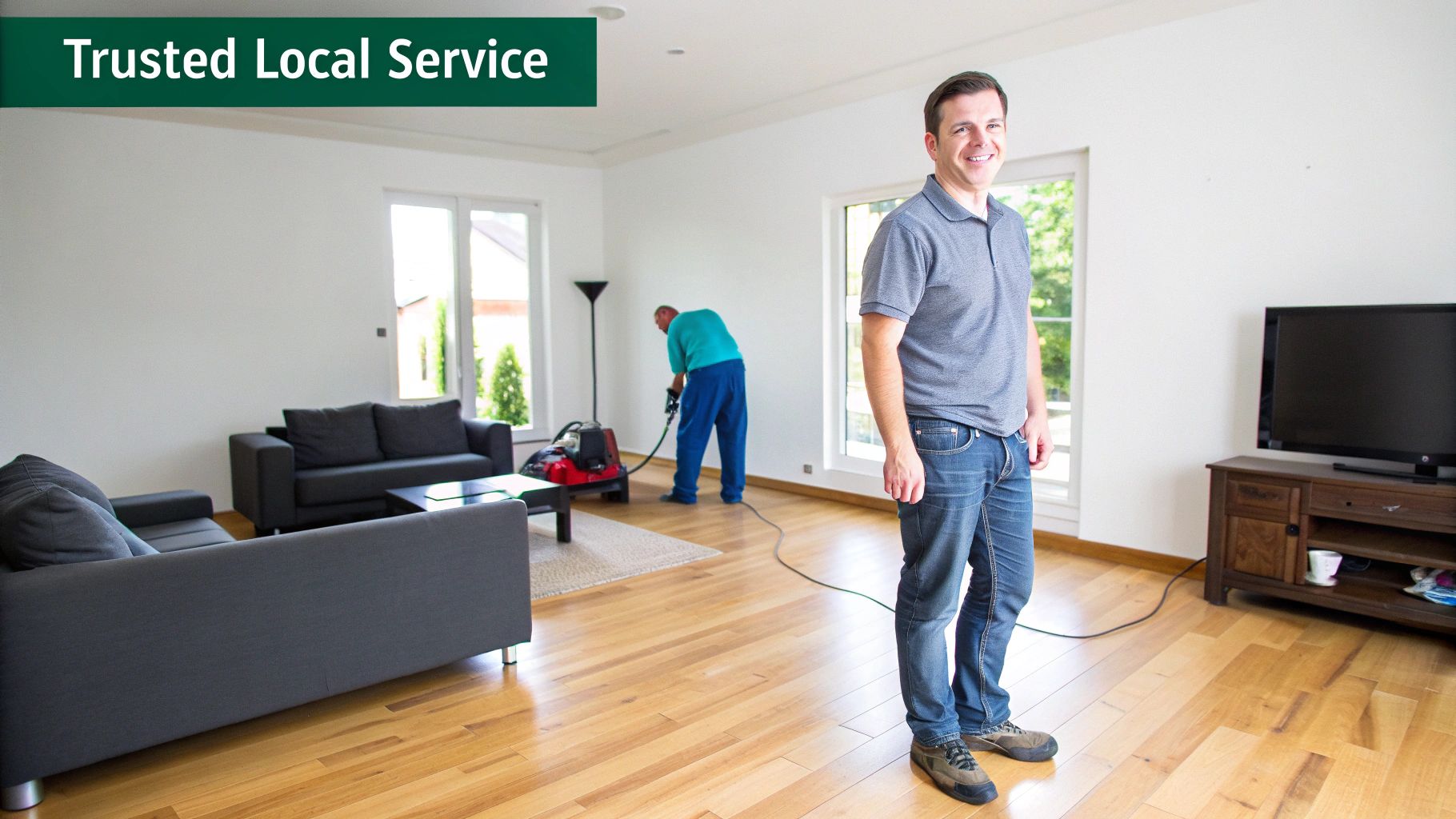 A smiling man stands in a bright living room, while a cleaner works on a rug in the background.