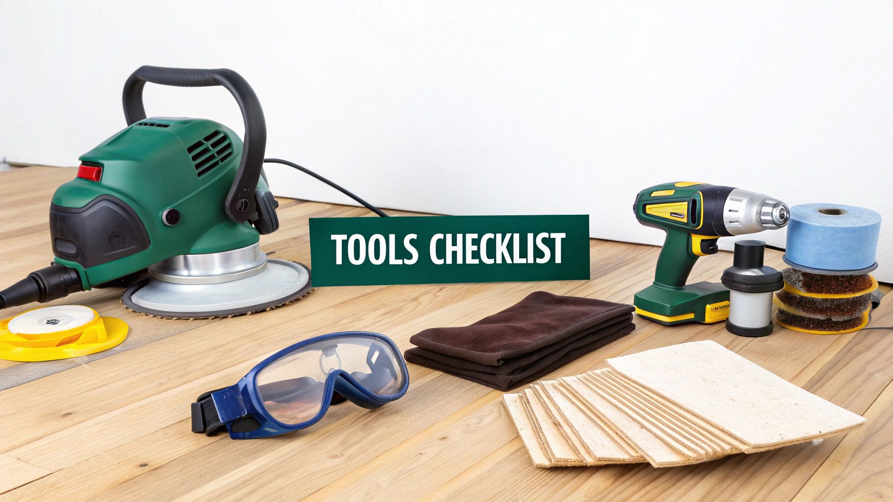 Tools for refinishing hardwood floors, including a sander, drill, safety glasses, and cloths on a wooden floor.