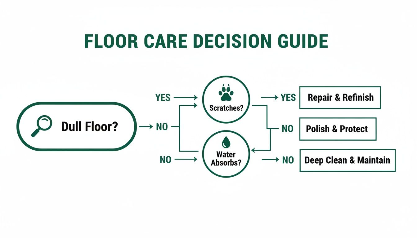 A flowchart decision guide for floor care, addressing dullness, scratches, and water absorption to determine actions.