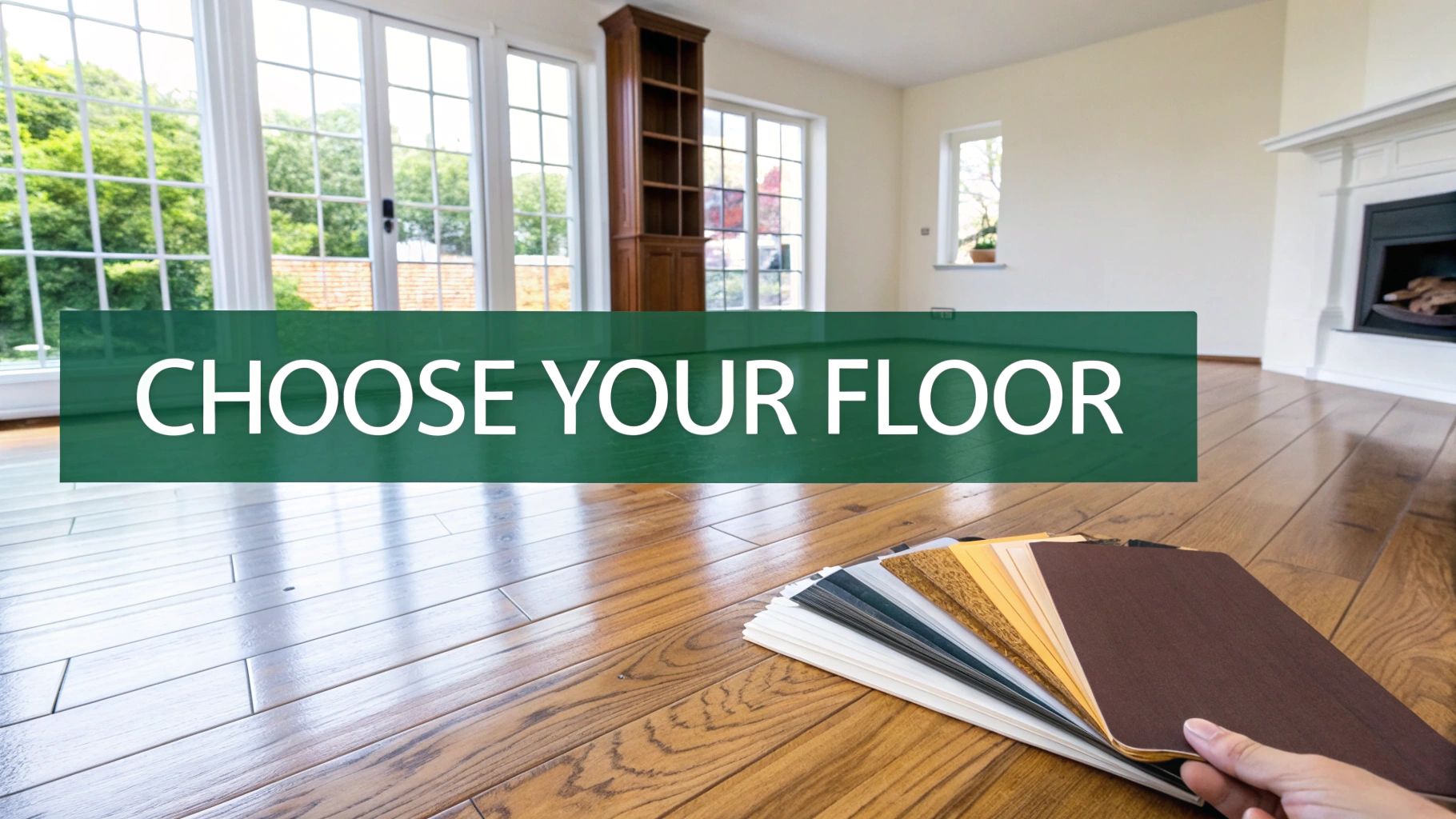 A hand holds various hardwood floor samples in a bright, empty room with large windows.