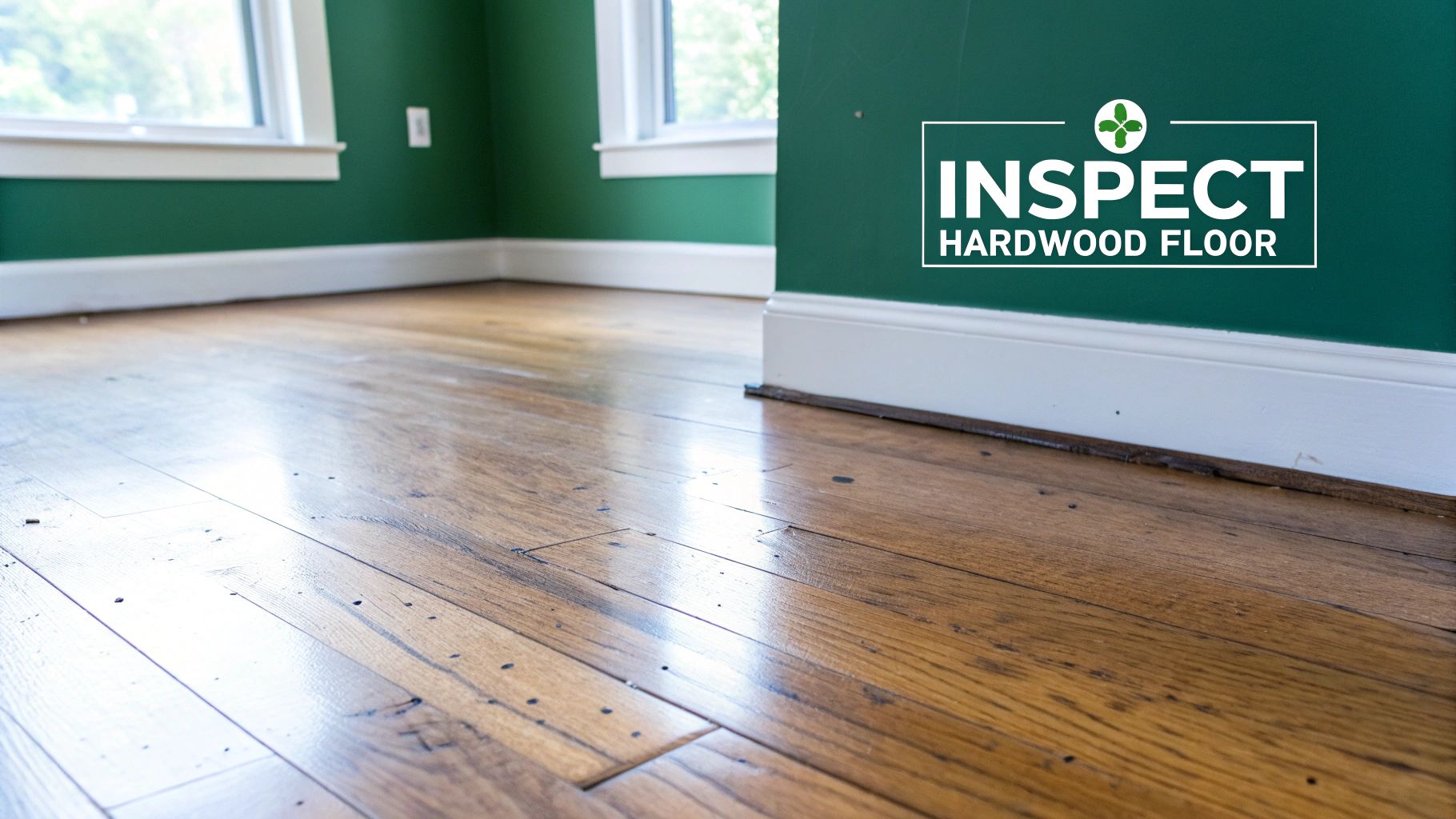 A close-up view of a shiny hardwood floor in a room with green walls and white trim.
