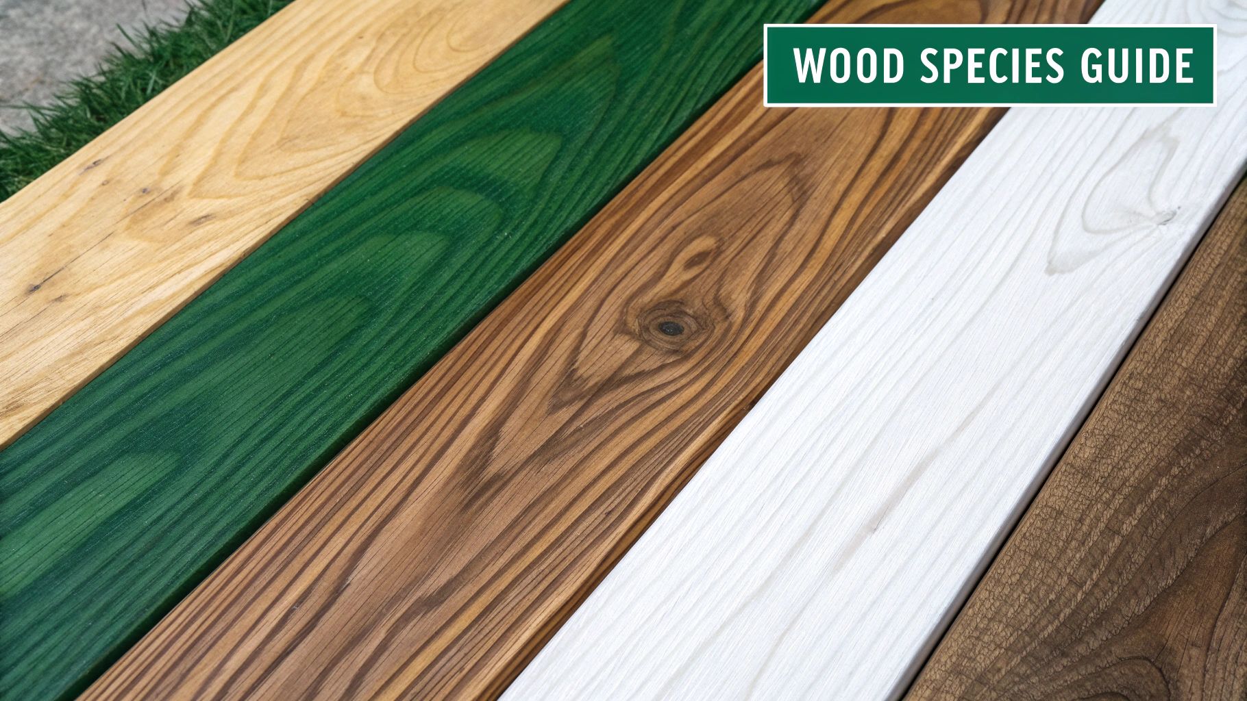 Diagonal view of five wooden planks in natural, green, brown, white, and dark colors, with a 'Wood Species Guide' banner.