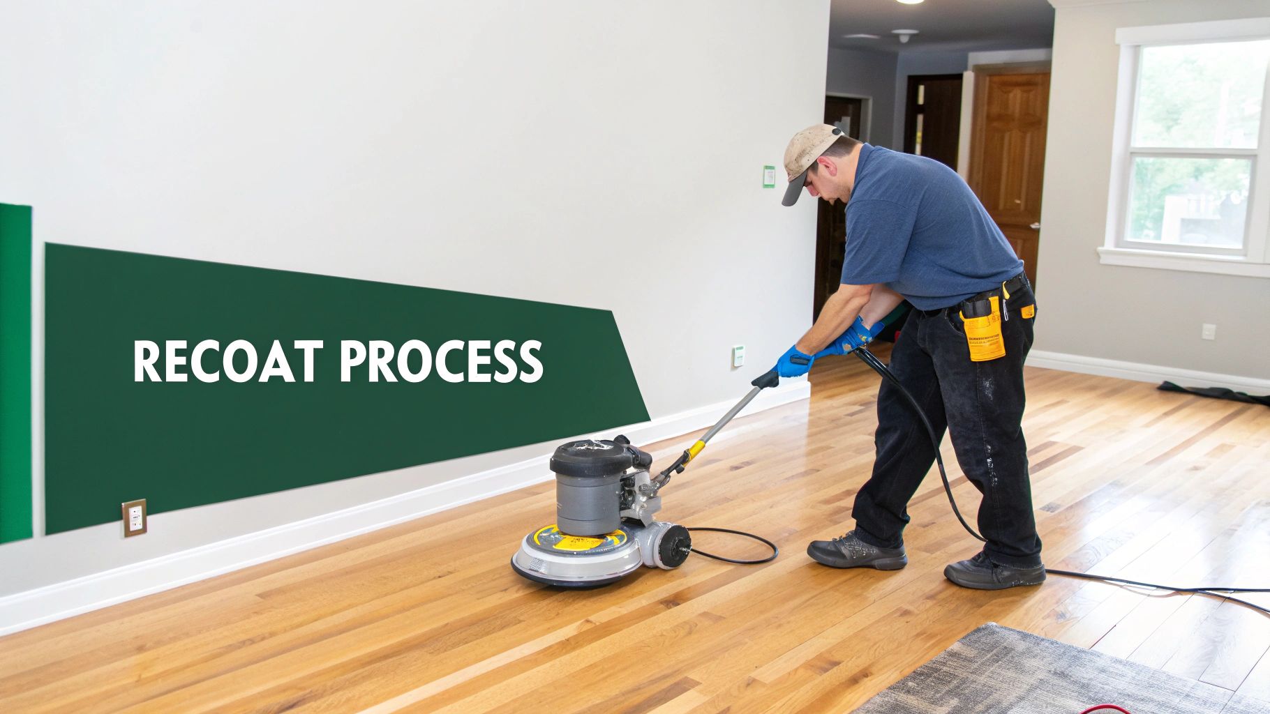 A man in a cap and gloves uses a floor buffer on a hardwood floor, with 'RECOAT PROCESS' visible on the wall.