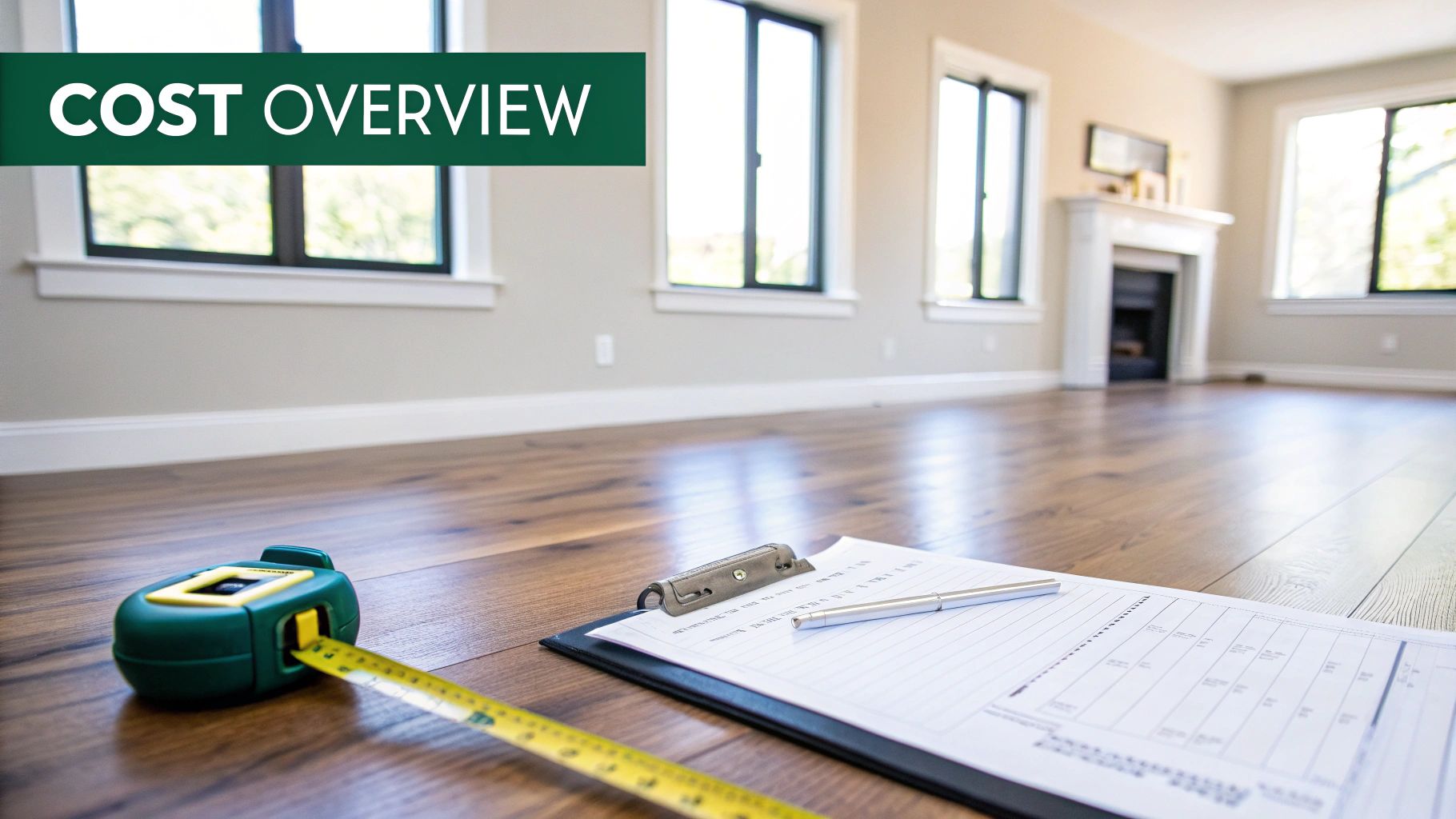 A tape measure and a clipboard with a pen on wooden flooring, with a 'COST OVERVIEW' banner.