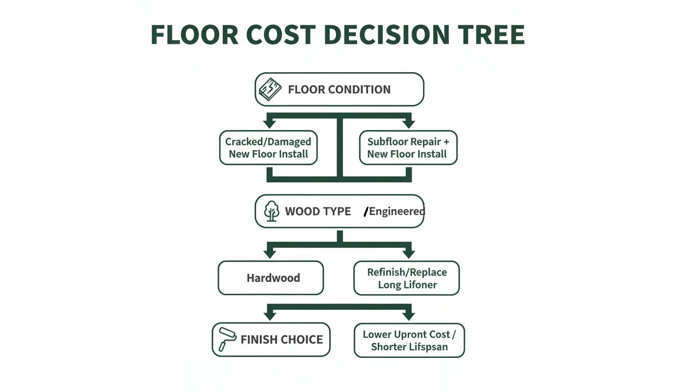 A decision tree flowchart illustrating floor cost choices based on condition, wood type, and finish.