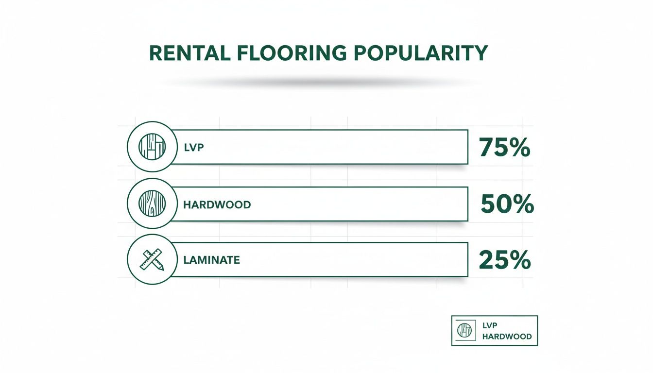 Bar chart titled 'Rental Flooring Popularity' showing LVP at 75%, Hardwood at 50%, and Laminate at 25%.