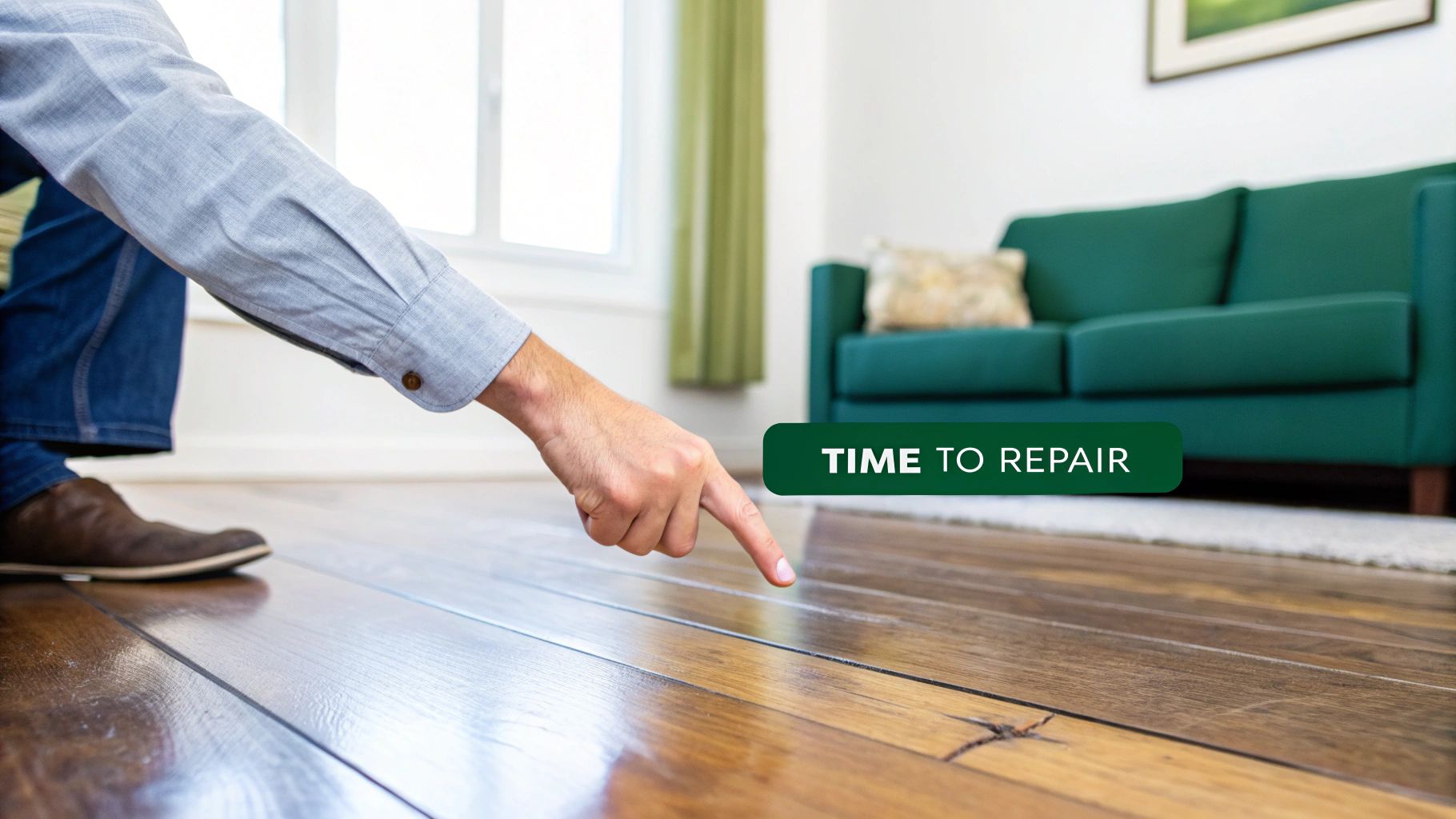 A person's hand points to a damaged wooden floor with scratches, indicating repair is needed.