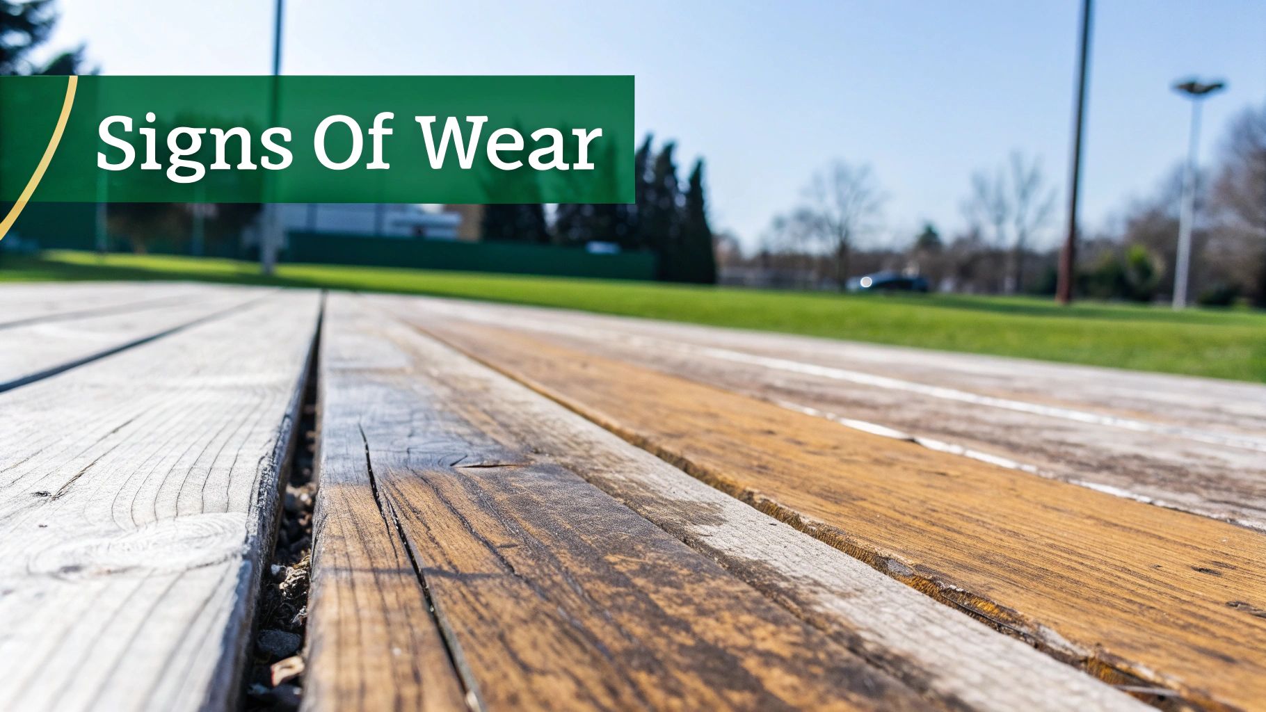 Close-up of weathered wooden planks showing signs of wear and aging under a clear sky.
