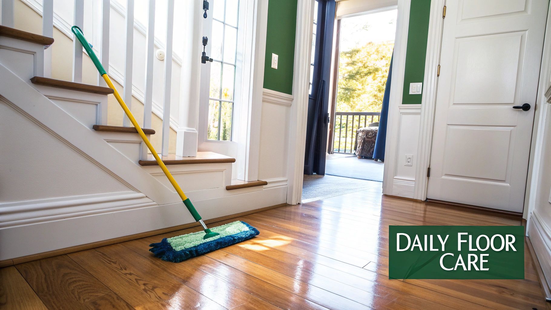 A mop leans against a white staircase on shiny hardwood floors in a bright home, emphasizing daily floor care.