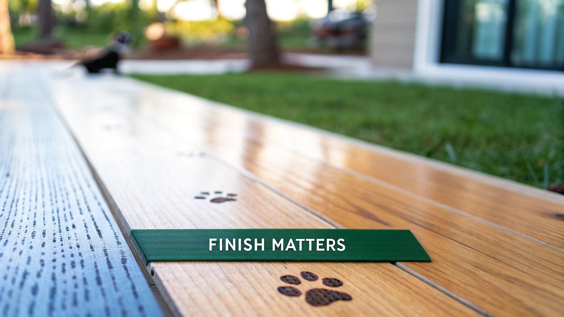 Close-up of light brown hardwood floorboards featuring dark paw print designs and a green 'FINISH MATTERS' sign.