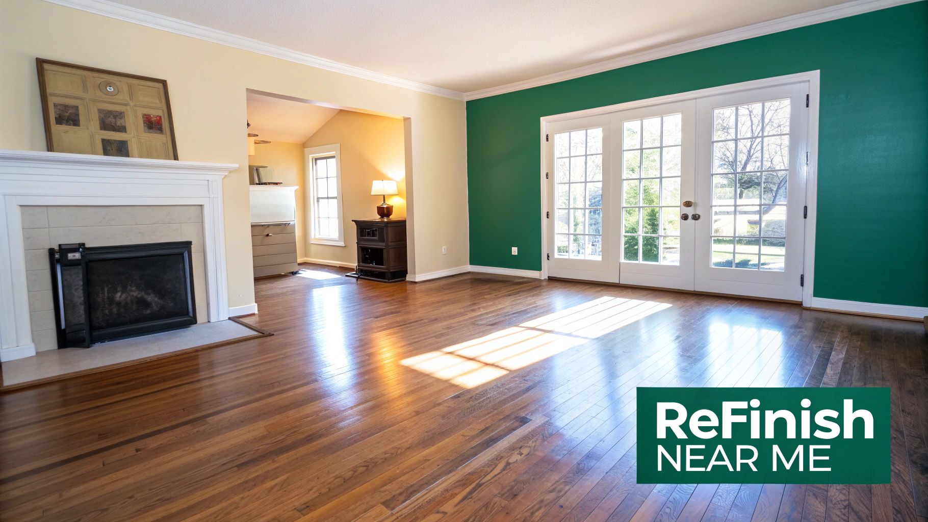 A bright living room with shiny hardwood floors, a fireplace, and a green accent wall.