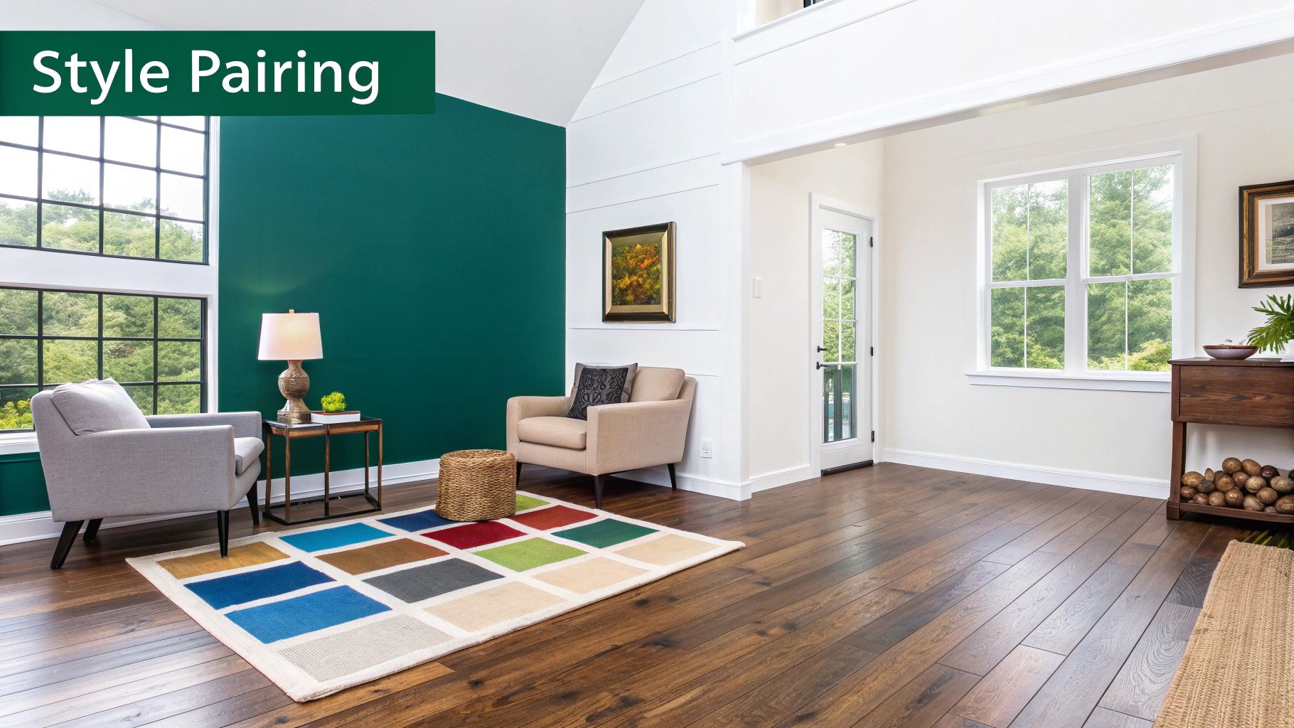 A bright living space with a teal accent wall, white walls, dark walnut floors, and colorful geometric rug.