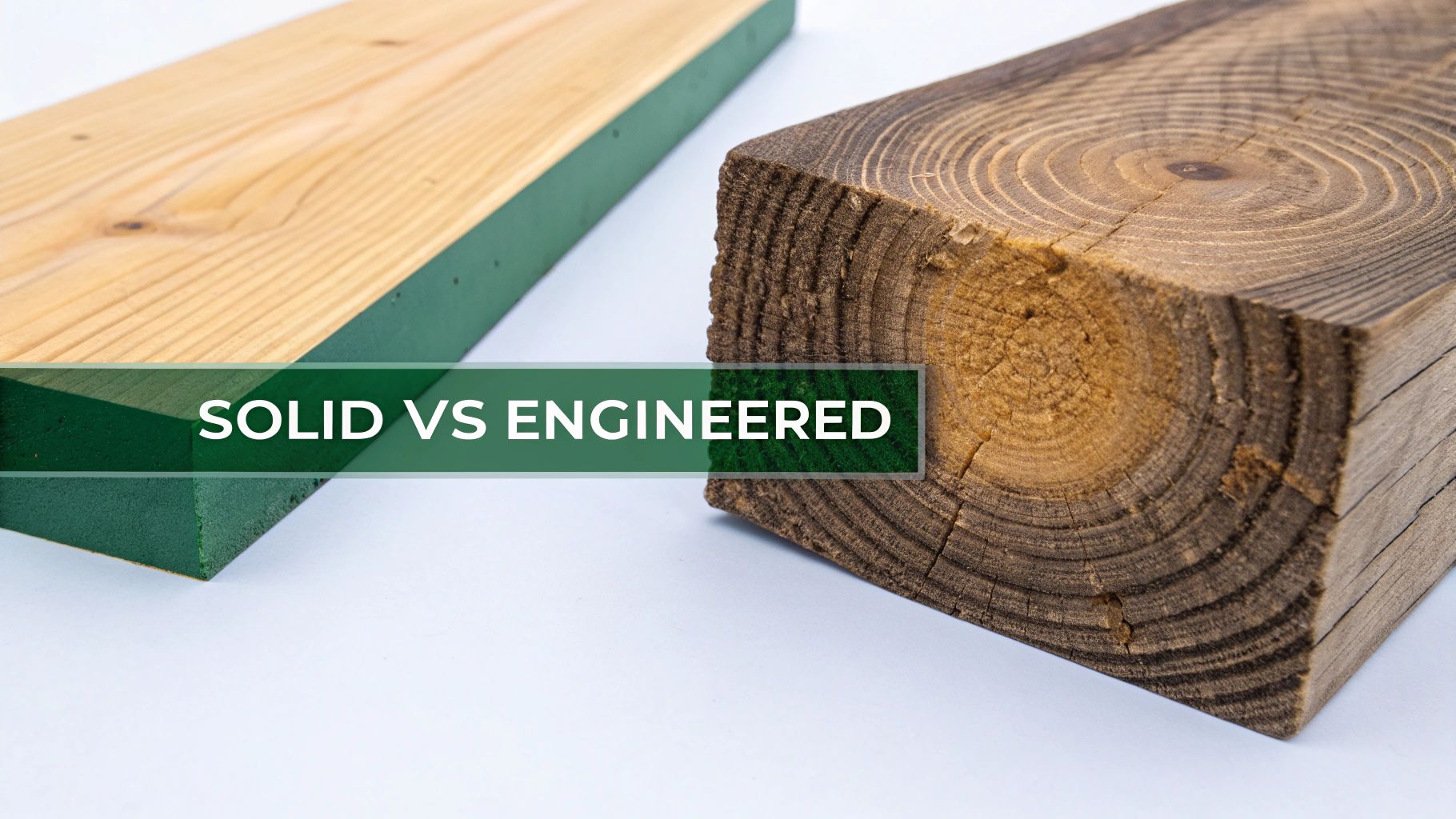 Close-up of a solid wood block next to an engineered wood board, illustrating 'Solid vs Engineered' types.