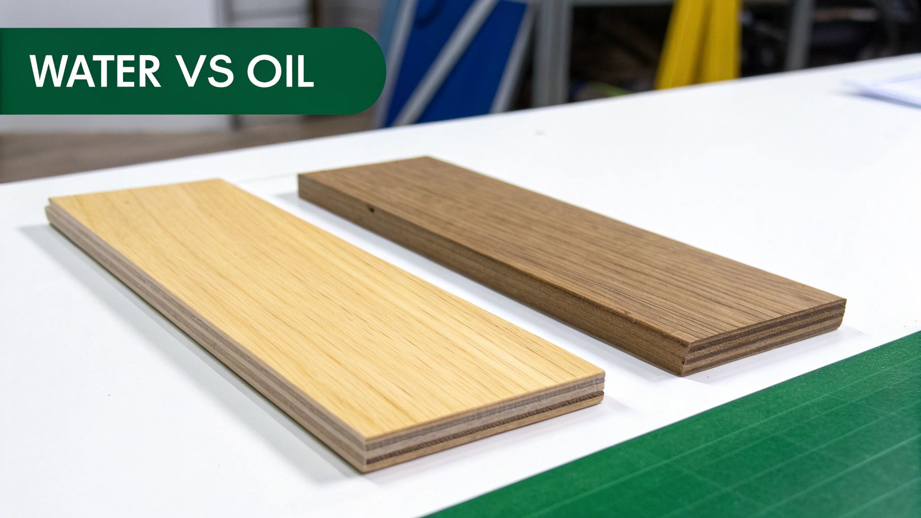 Two wood planks on a white surface, one light and one dark, demonstrating water vs oil wood finishes.