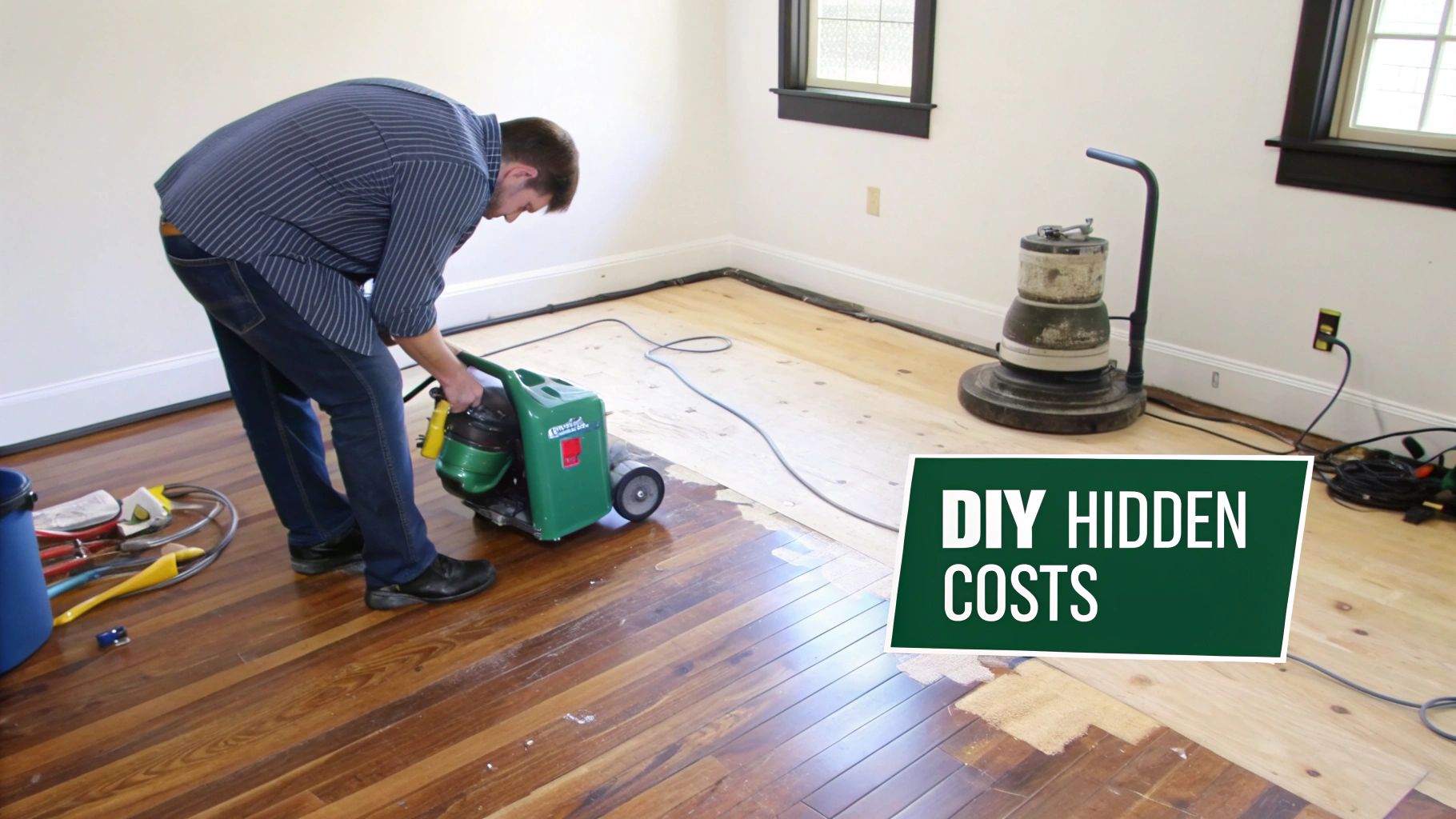 A man operating a floor sander, refinishing a hardwood floor in a room, with a 'DIY Hidden Costs' overlay.