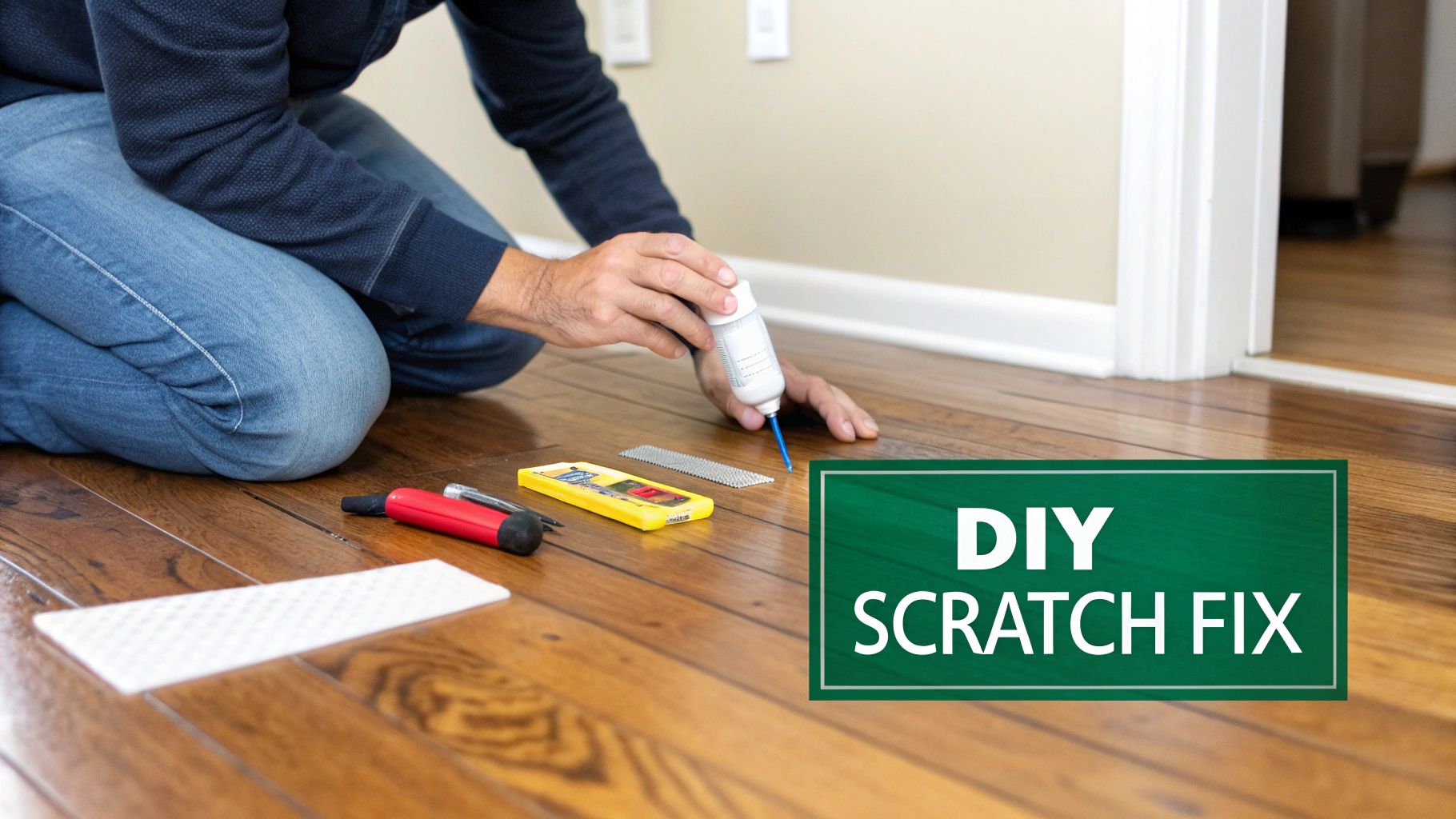 A person kneels on a hardwood floor, applying a scratch repair solution to fix damage, with DIY tools nearby.