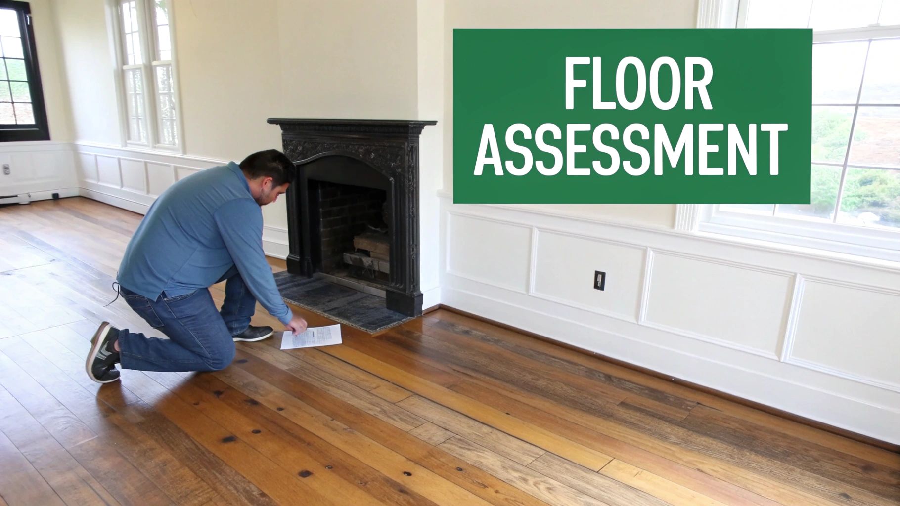 A man kneels on a rustic wooden floor, inspecting a document during a floor assessment.