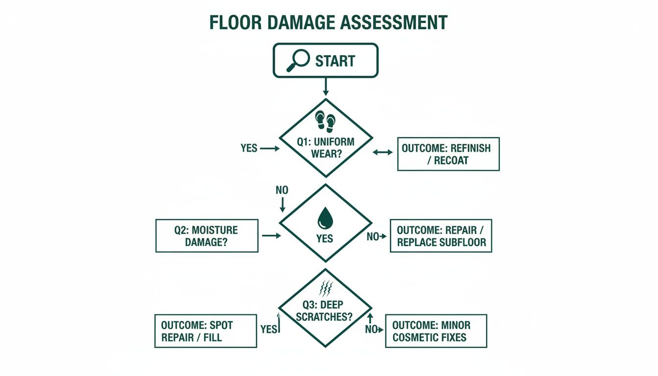 Flowchart for floor damage assessment detailing steps for uniform wear, moisture damage, and deep scratches to determine repair actions.