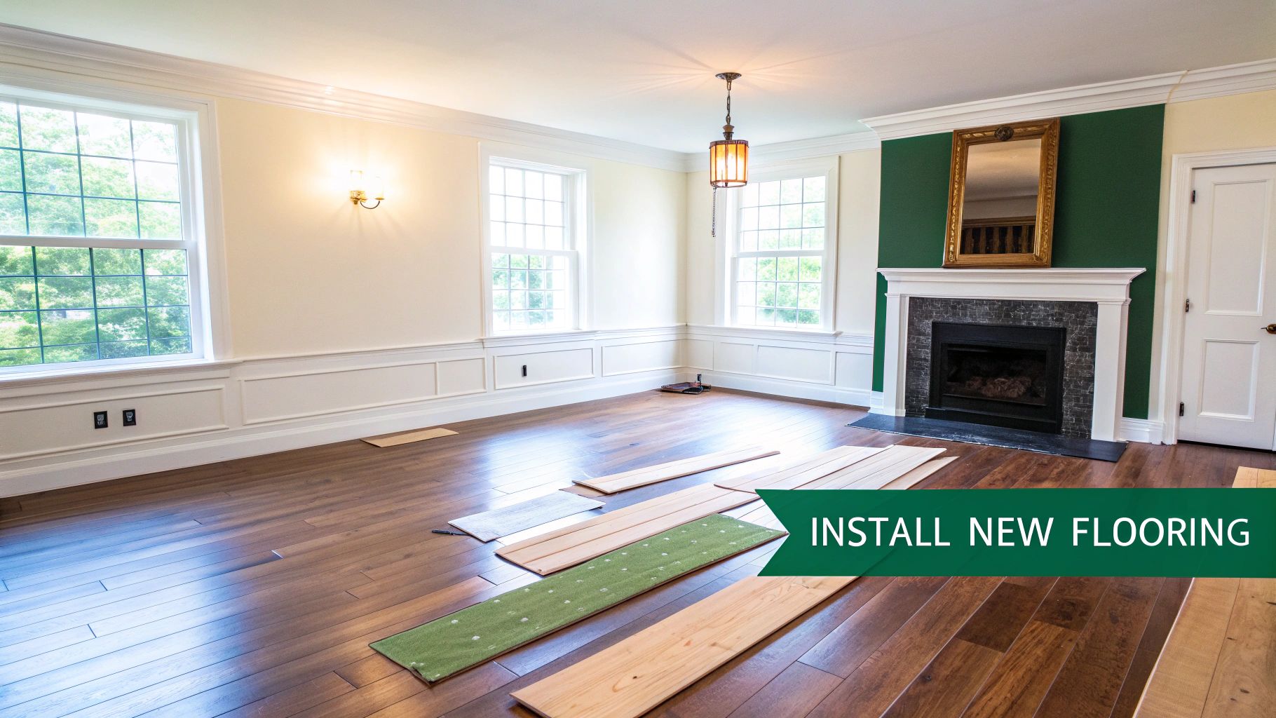 A room in progress with new hardwood flooring being installed, featuring planks on the floor.