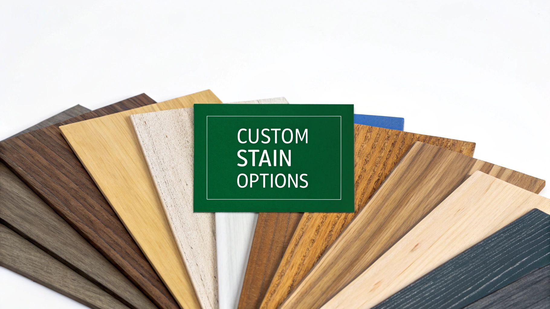A fan of various custom wood stain samples, from light to dark, on a white background.