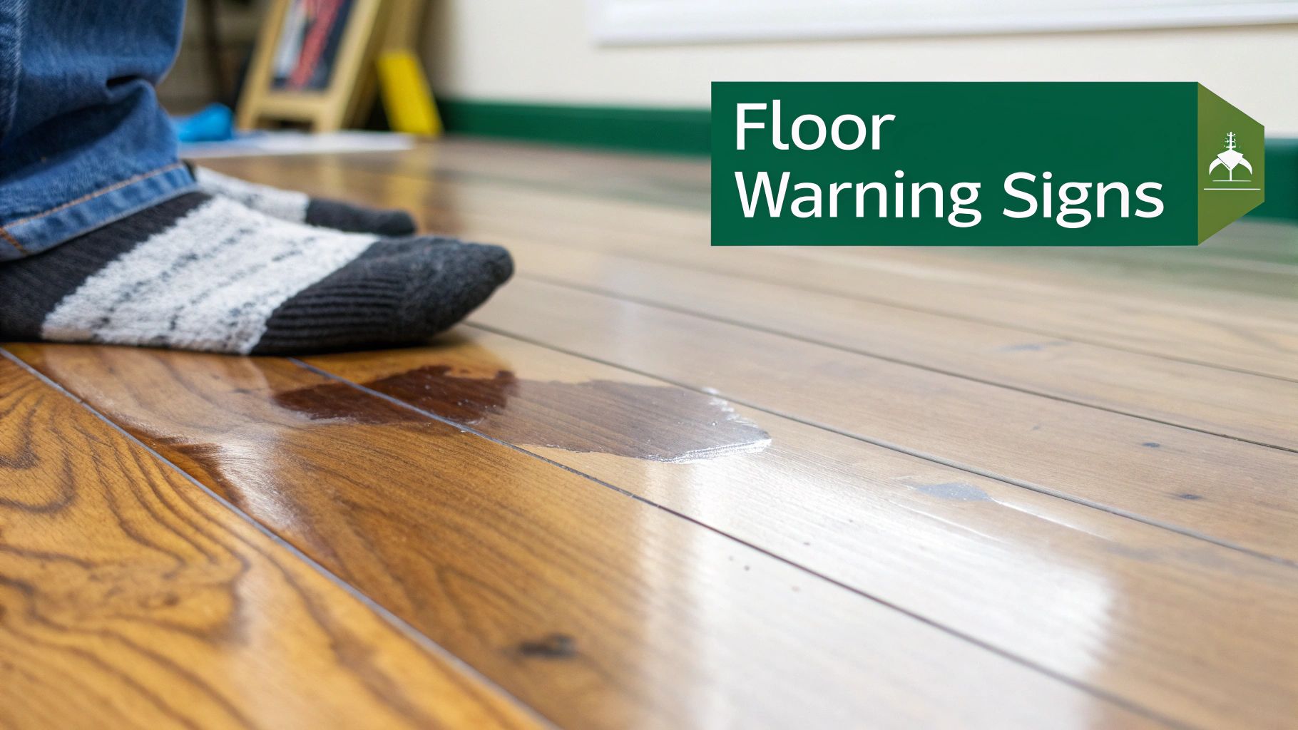 A person's foot near a water puddle on a shiny hardwood floor, indicating a warning sign.