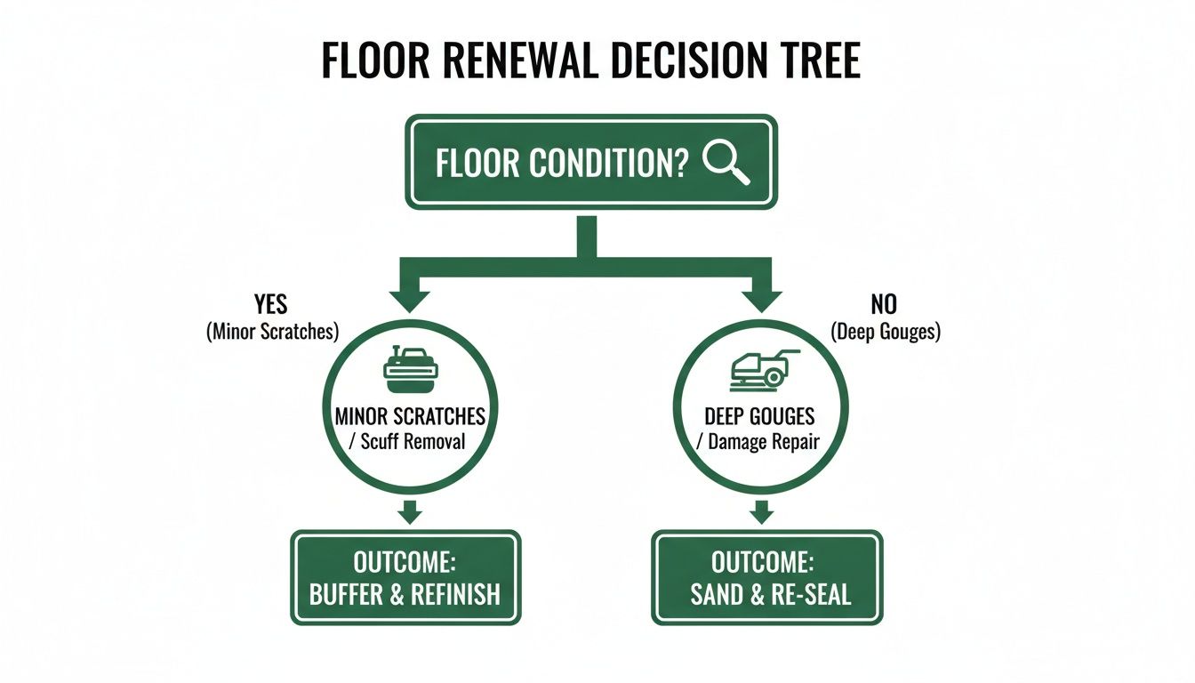 A floor renewal decision tree flowchart, showing options for minor scratches vs. deep gouges.