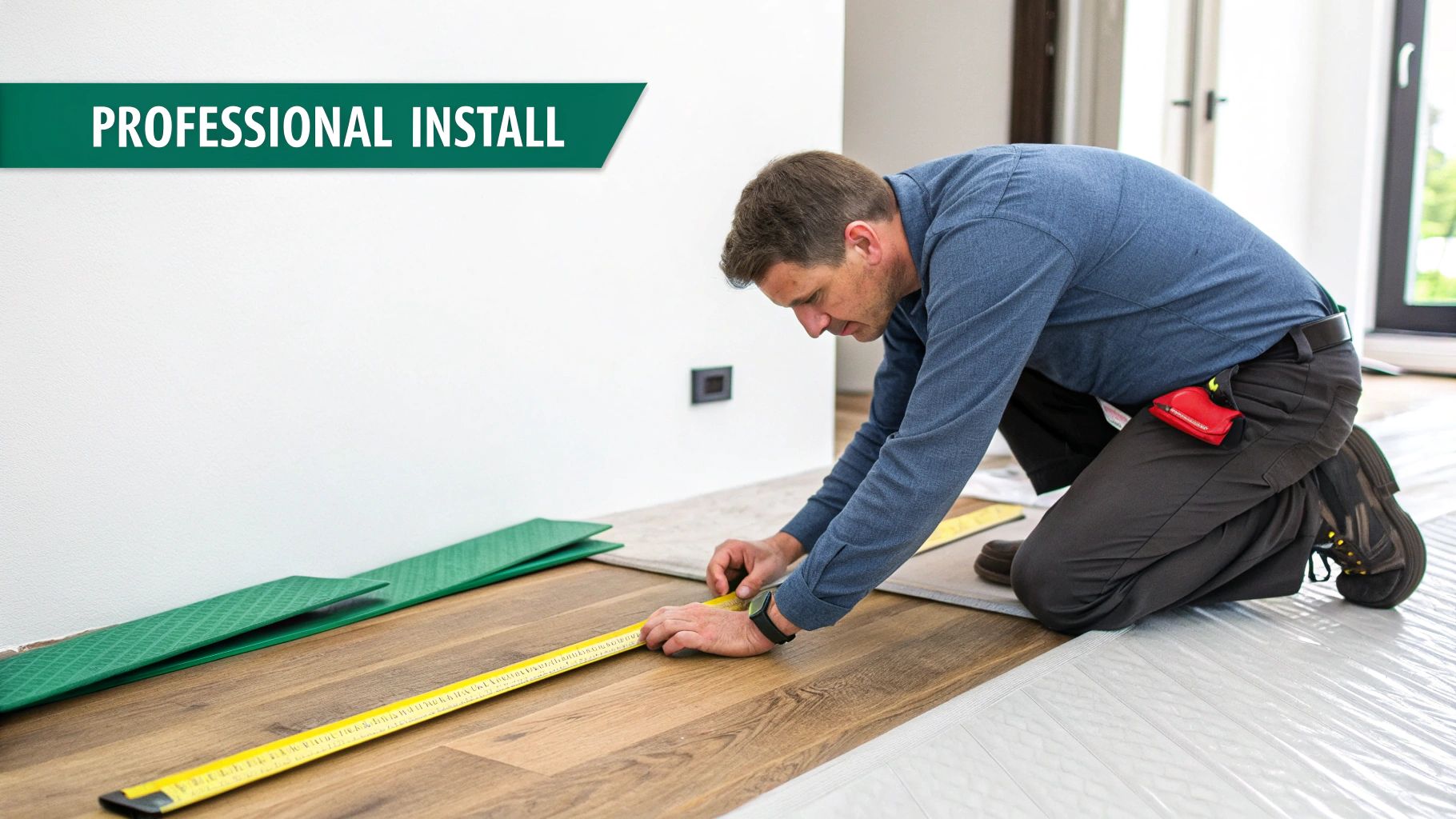A professional installer kneeling to measure and install new wood flooring with green underlayment.