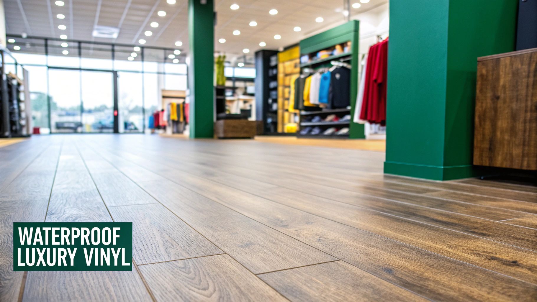 Modern store interior with durable waterproof luxury vinyl flooring and clothing displays.