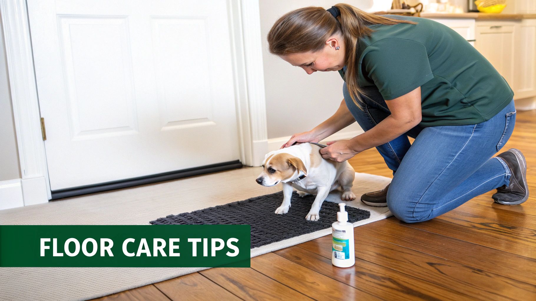 A woman kneels on a hardwood floor, brushing a small dog on a dark mat, showcasing floor care.