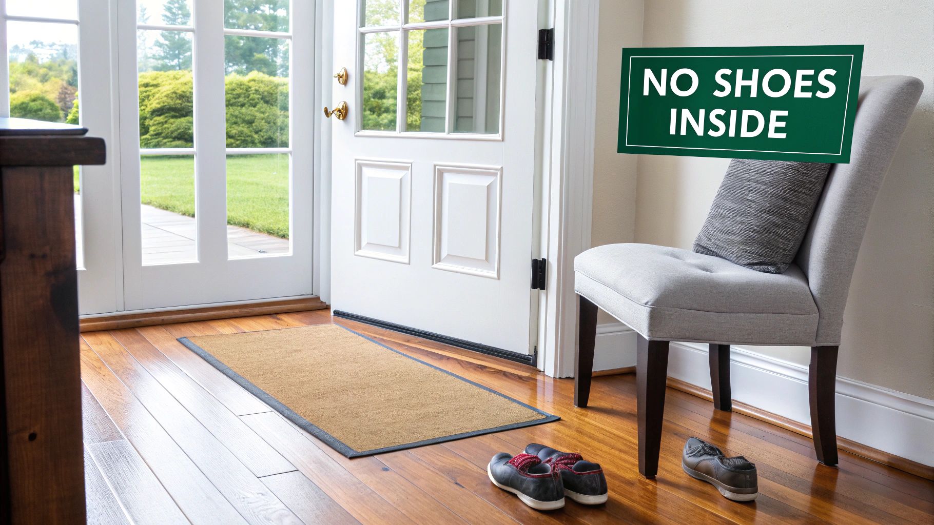 An entryway with hardwood floors, a a white door, a mat, a chair, and shoes, with a "NO SHOES INSIDE" sign.