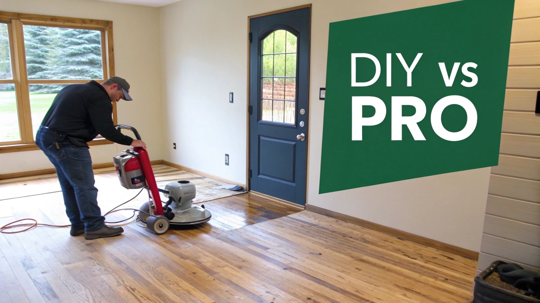 A man uses a floor sander to refinish hardwood floors, illustrating DIY vs PRO methods.