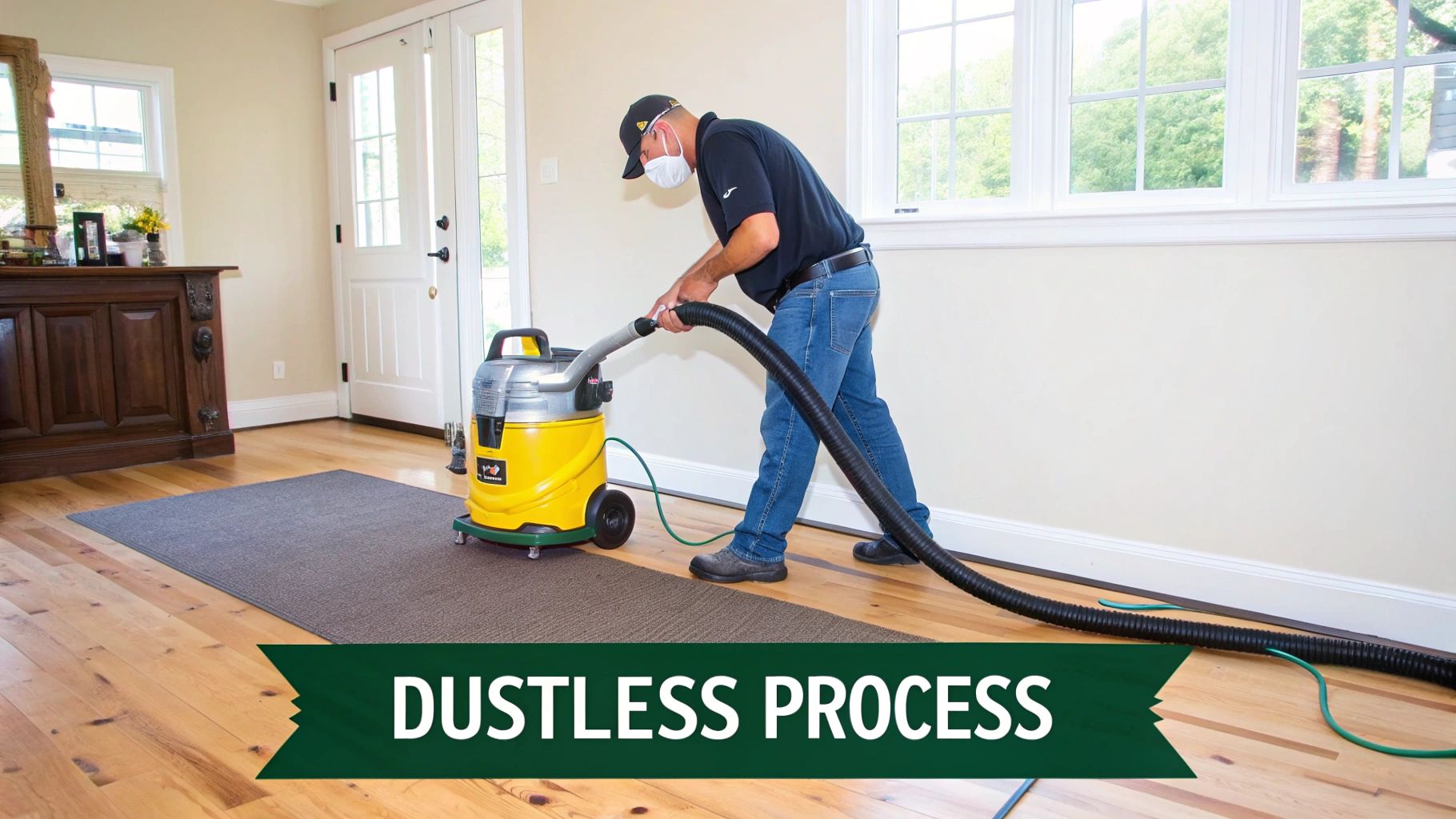 A masked worker uses a professional industrial vacuum cleaner on a hardwood floor for dustless cleaning.