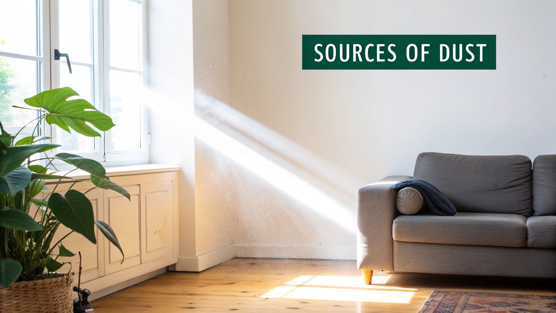 Sunlight reveals abundant dust particles floating in a room with a plant, sofa, and 'Sources of Dust' text.