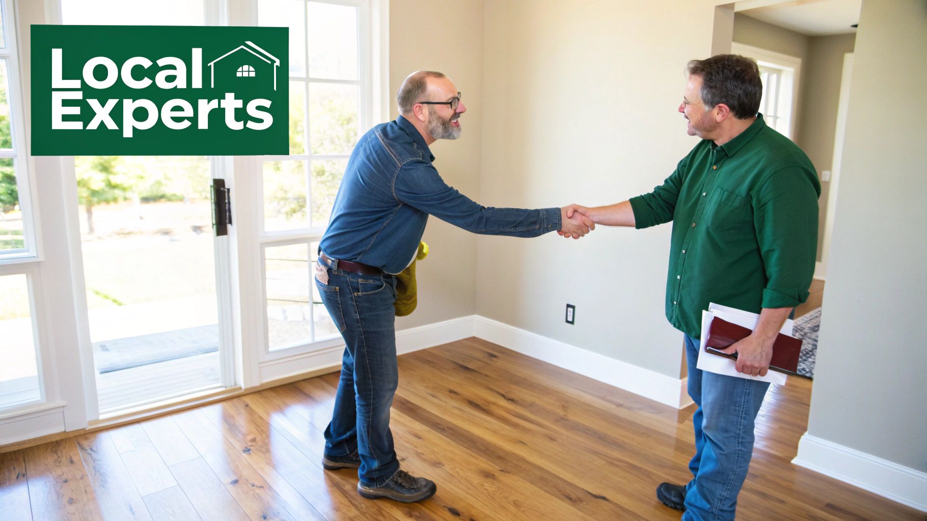 Two men shaking hands in a bright room with beautiful wooden floors.