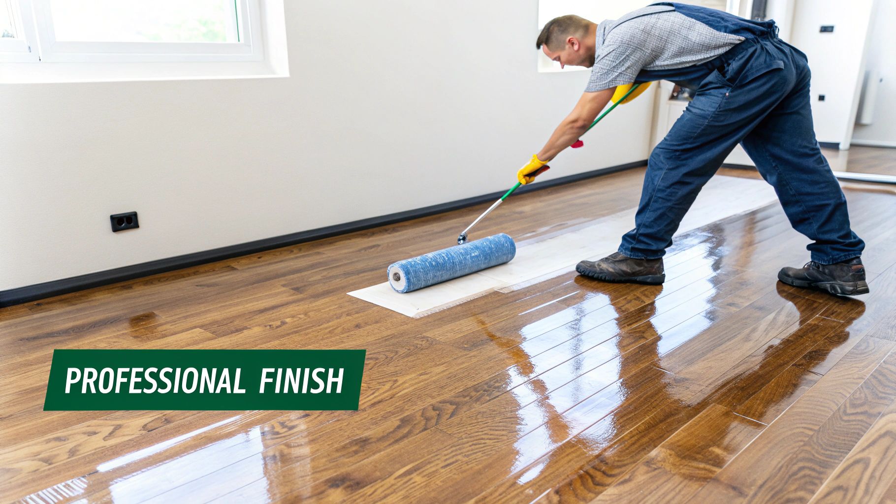 A professional worker applies a glossy finish to a wooden floor with a large roller, making it shine.