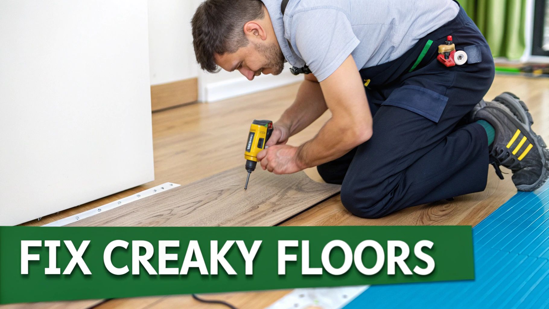 A man is kneeling on a wooden floor, using a power drill to fix a floorboard.