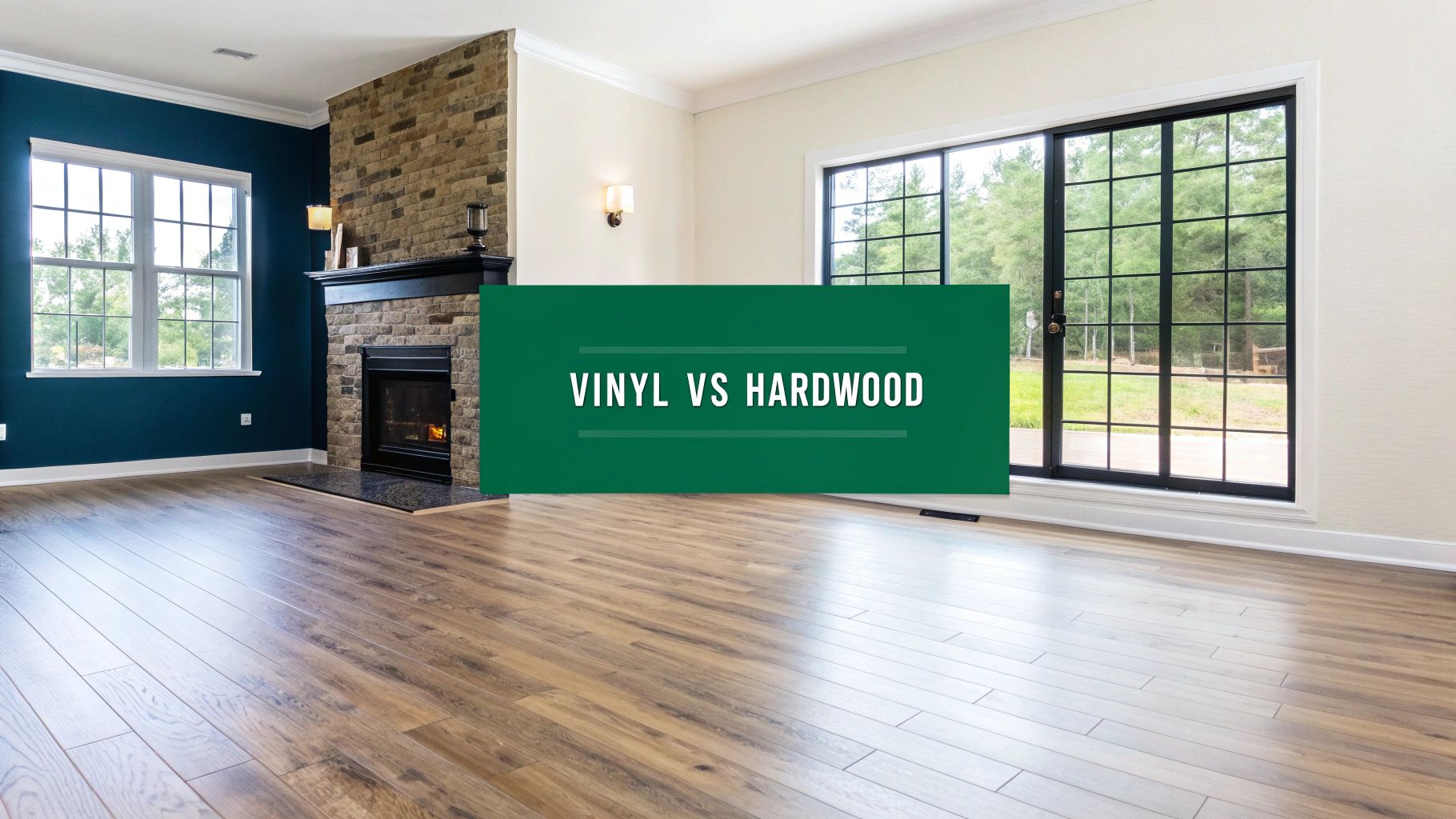 A bright living room with wood-look flooring, a fireplace, and a green banner saying 'VINYL VS HARDWOOD'.