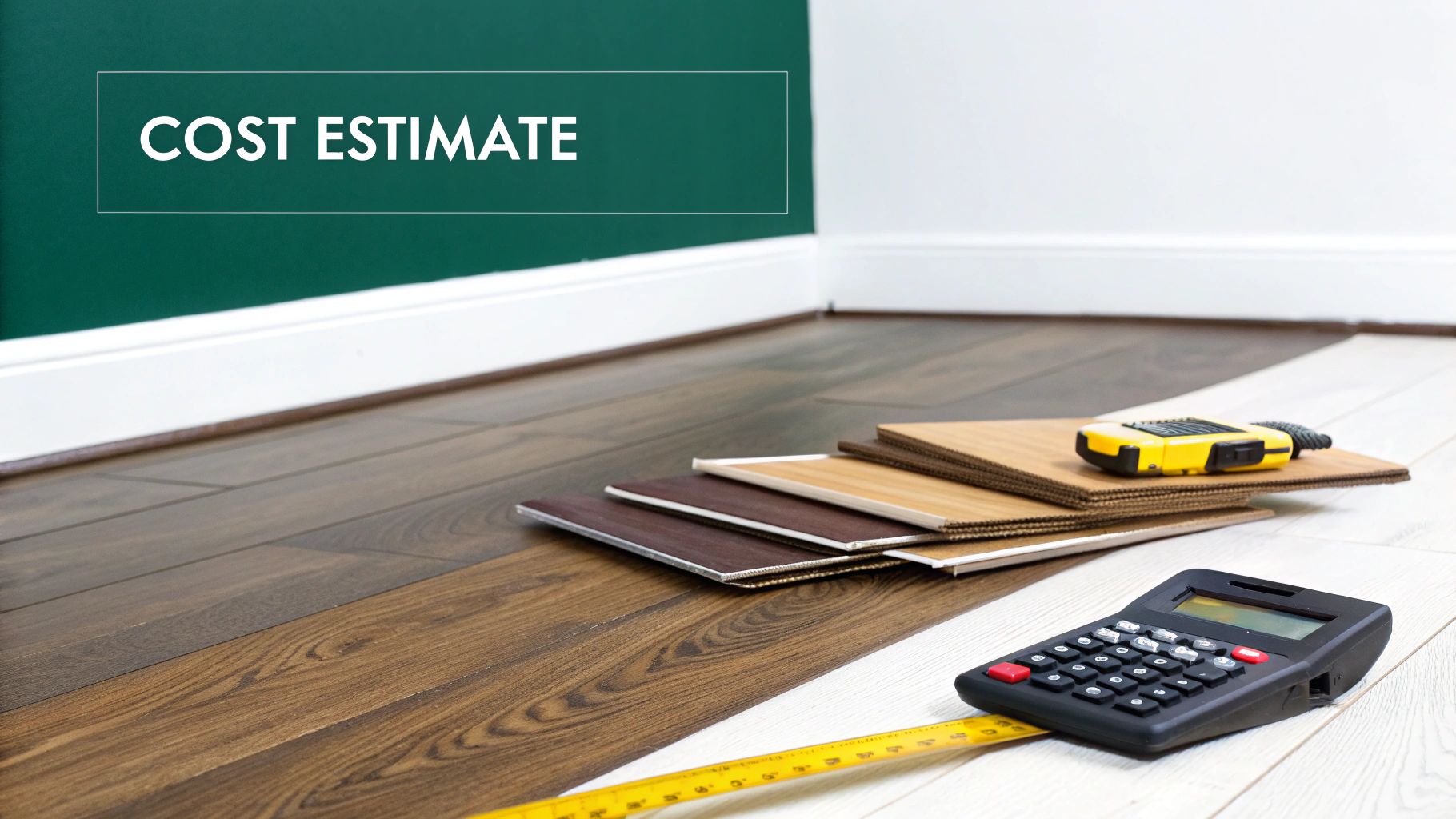 Tools for floor resurfacing cost estimate: laminate samples, calculator, and tape measure on floor.
