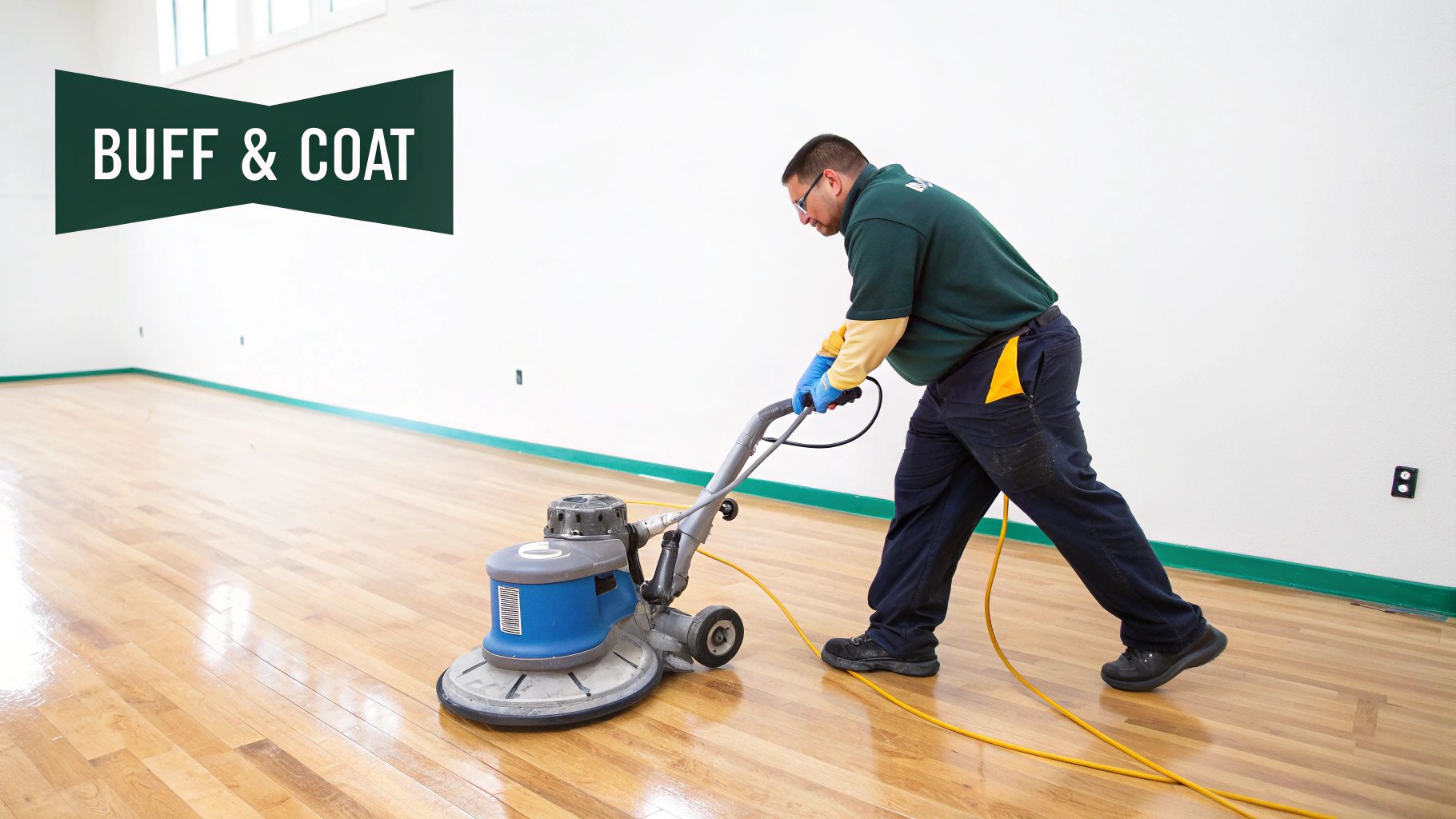 A man in uniform buffs a shiny hardwood floor with a floor machine, improving its finish.