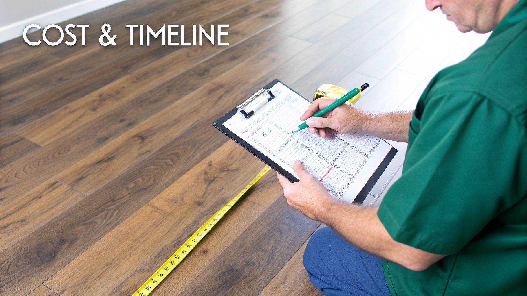 A professional measuring a wooden floor with a tape measure and writing on a clipboard for a project estimate.