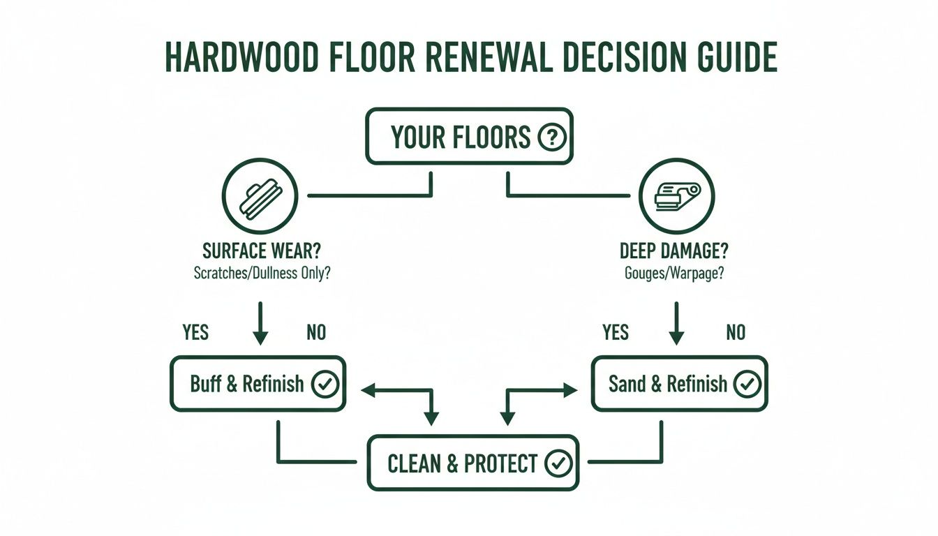 A flowchart decision guide for hardwood floor renewal based on surface wear and deep damage.