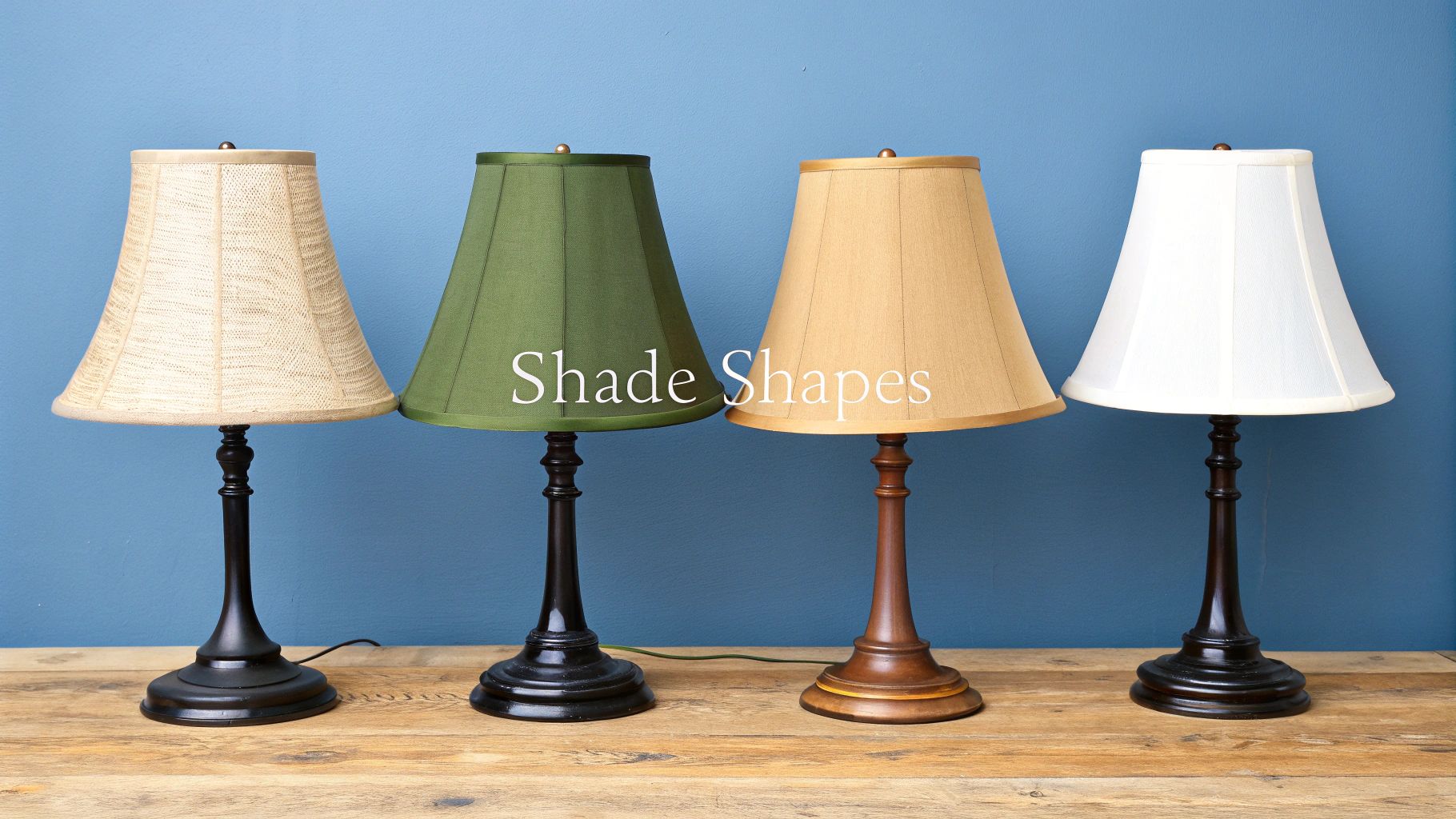 Several antique lamps with different shade shapes displayed in a room.