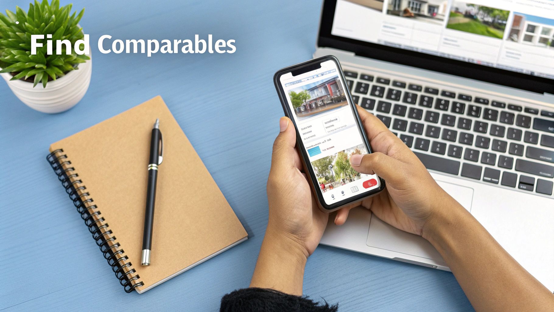 Person finding comparable properties on a smartphone, with a laptop and notebook on a blue desk.