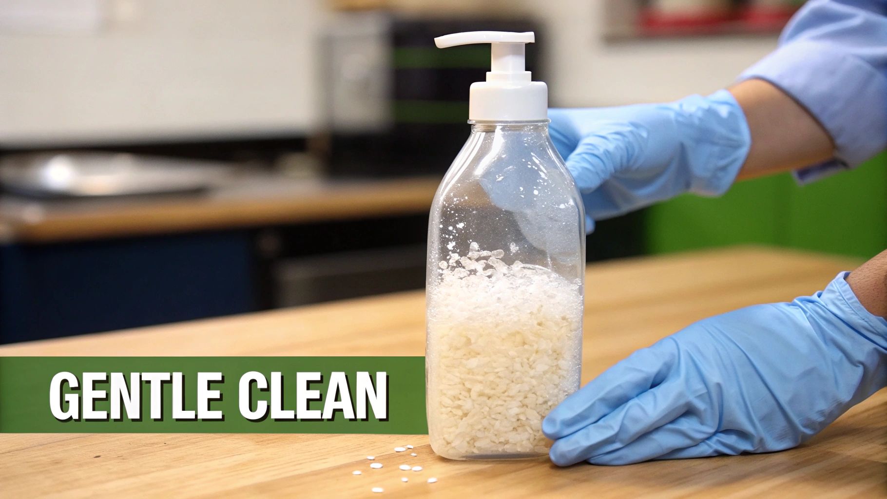 A person in blue gloves holds a clear bottle filled with white granular material and liquid, labeled 'GENTLE CLEAN'.