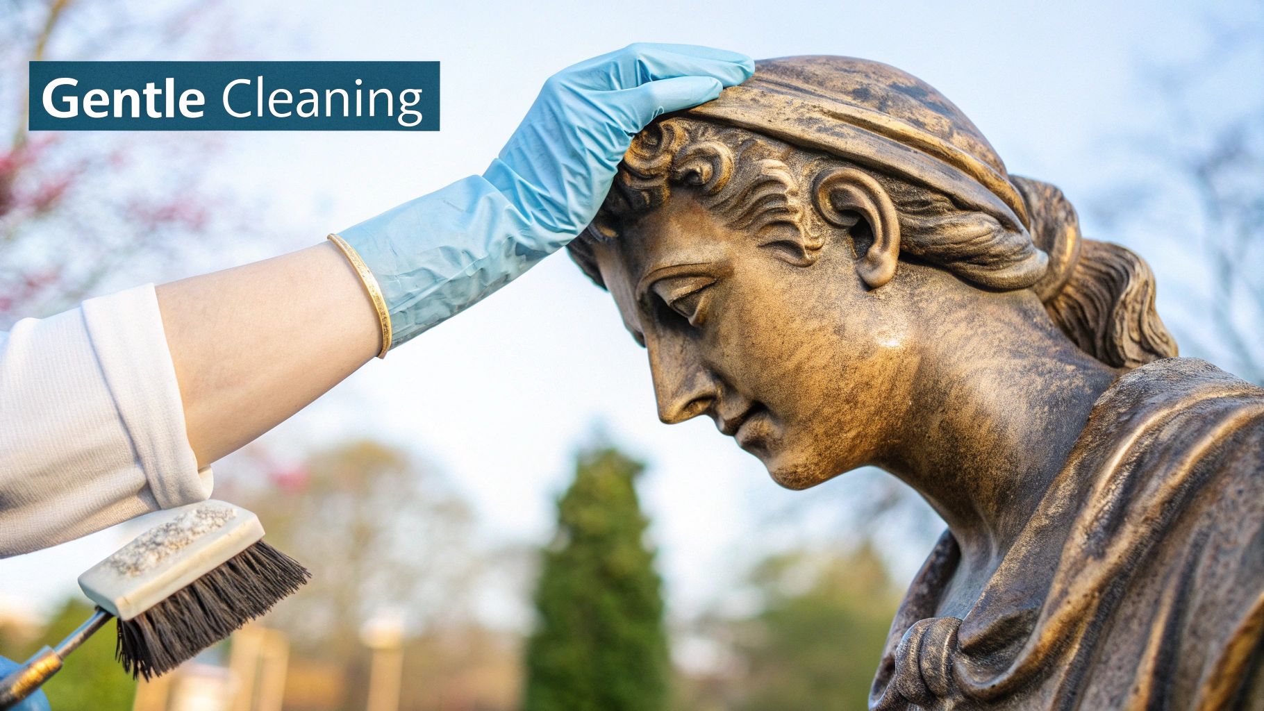 An outdoor bronze statue with some tougher grime and weathering.