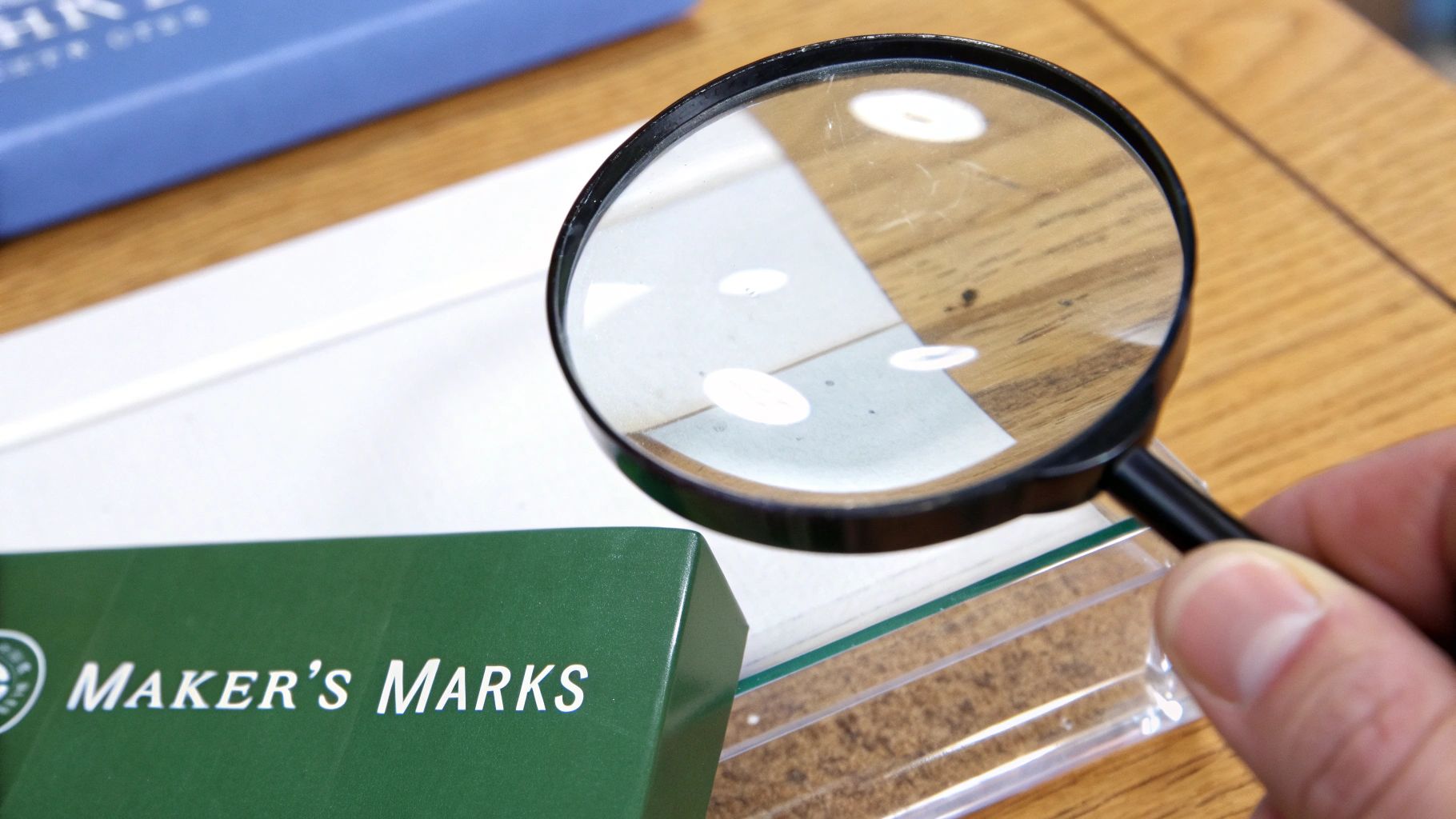 A hand holds a magnifying glass over a green box labeled 'Maker's Marks' on a wooden desk.