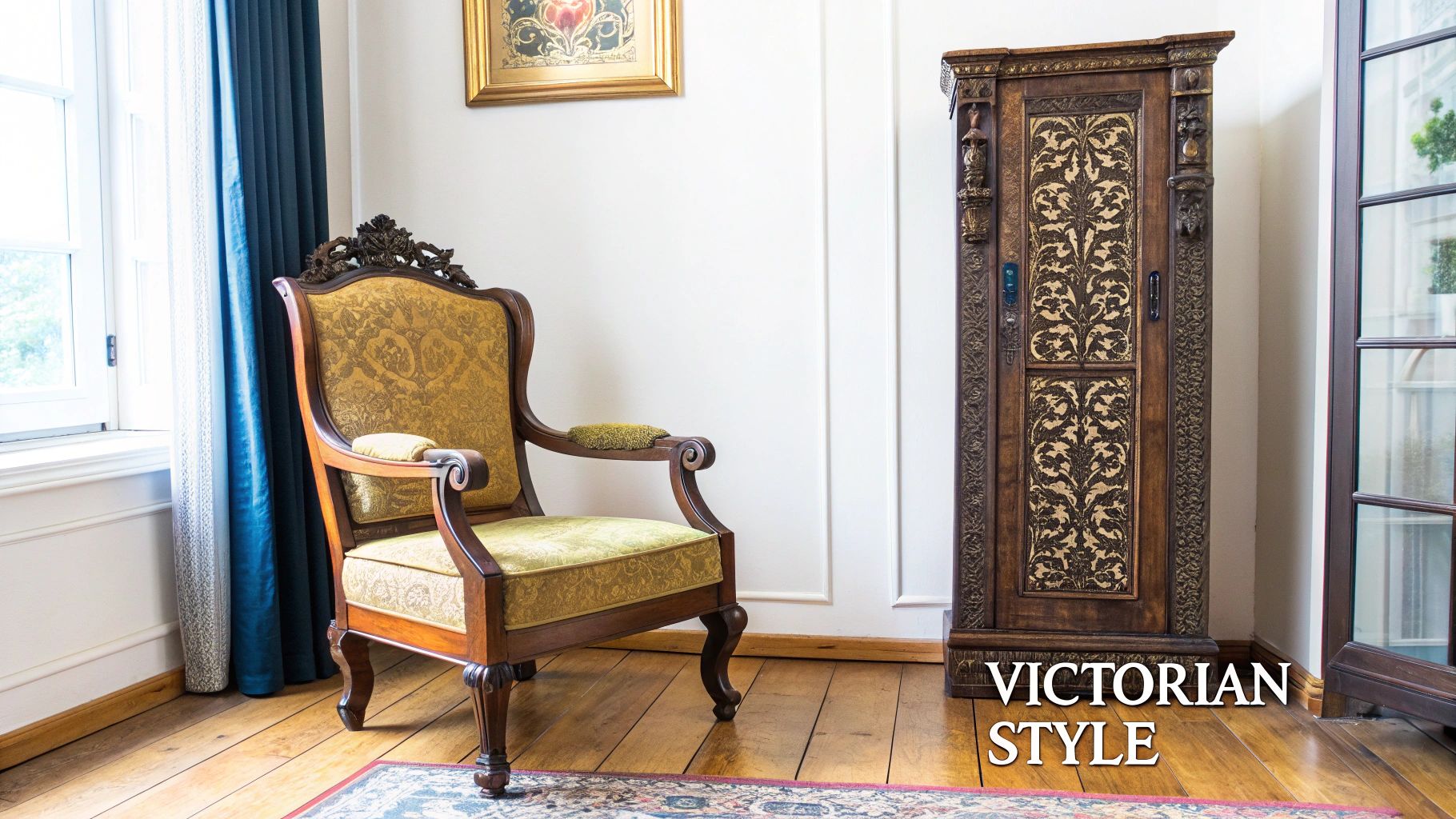 Ornate Victorian style armchair with gold upholstery and carved wooden cabinet in elegant room