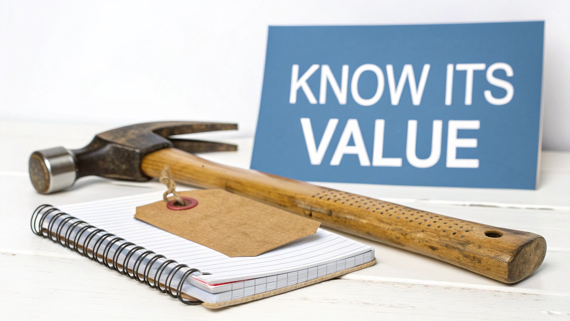 A vintage claw hammer, a notebook with a blank tag, and a blue 'KNOW ITS VALUE' sign.