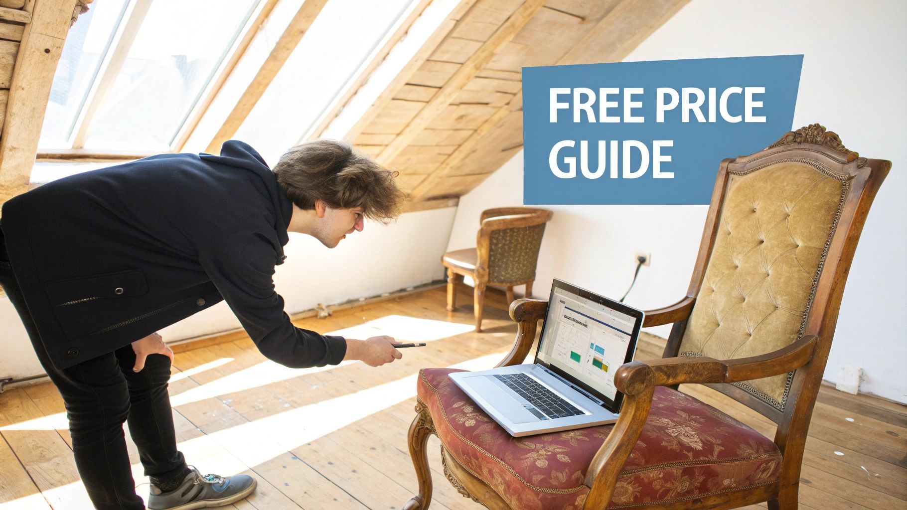 A man bending over a laptop on an ornate chair, looking at a free price guide.
